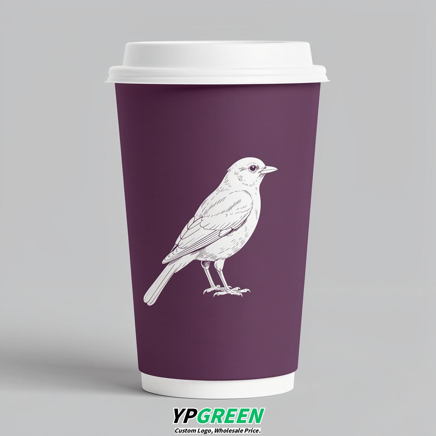 Plum Paper Cups with Bird Logo & Lids 8-24oz