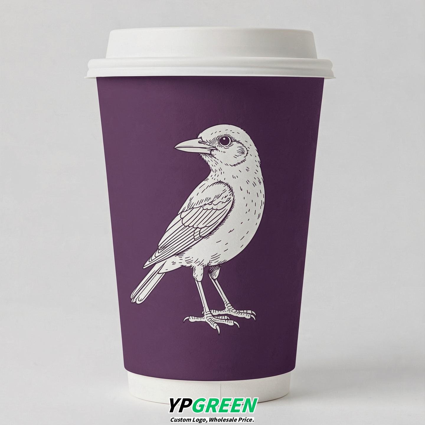 Plum Paper Cups with Bird Logo & Lids 8-24oz