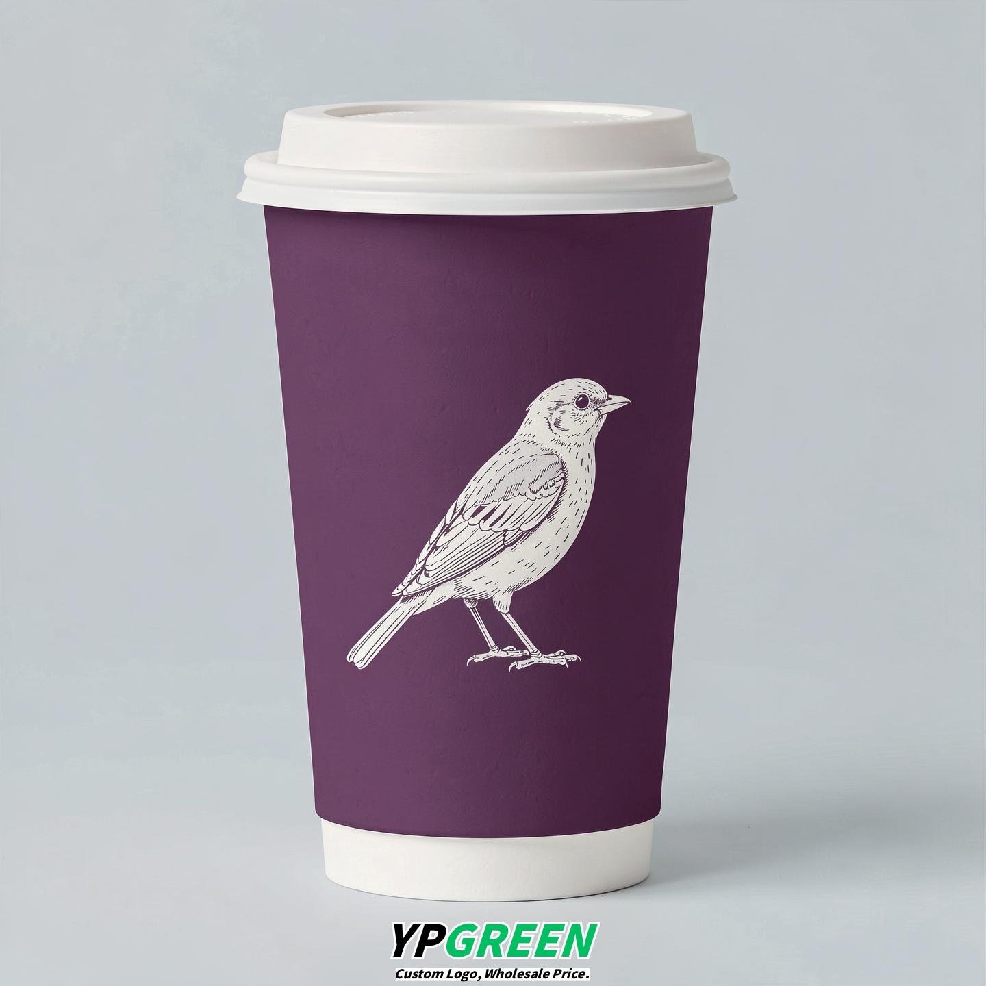 Plum Paper Cups with Bird Logo & Lids 8-24oz