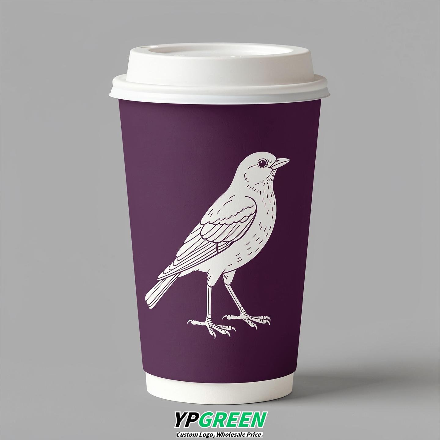 Plum Paper Cups with Bird Logo & Lids 8-24oz