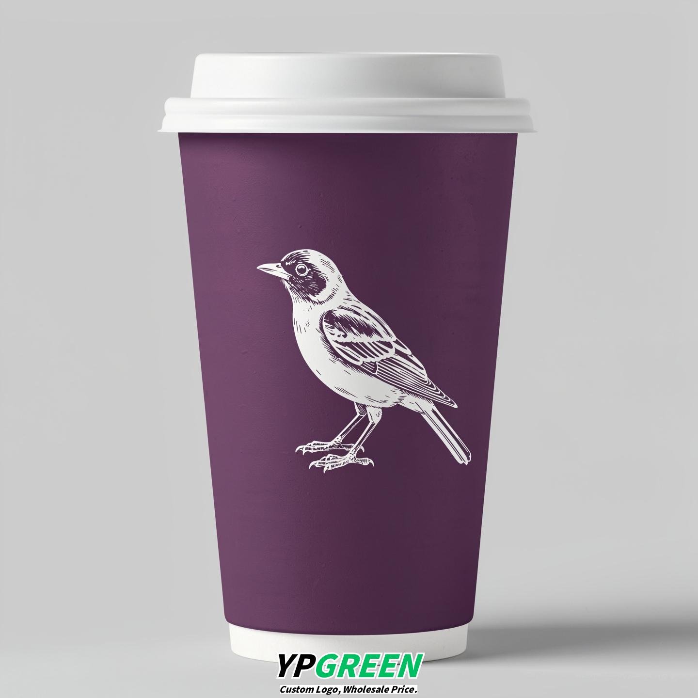 Plum Paper Cups with Bird Logo & Lids 8-24oz