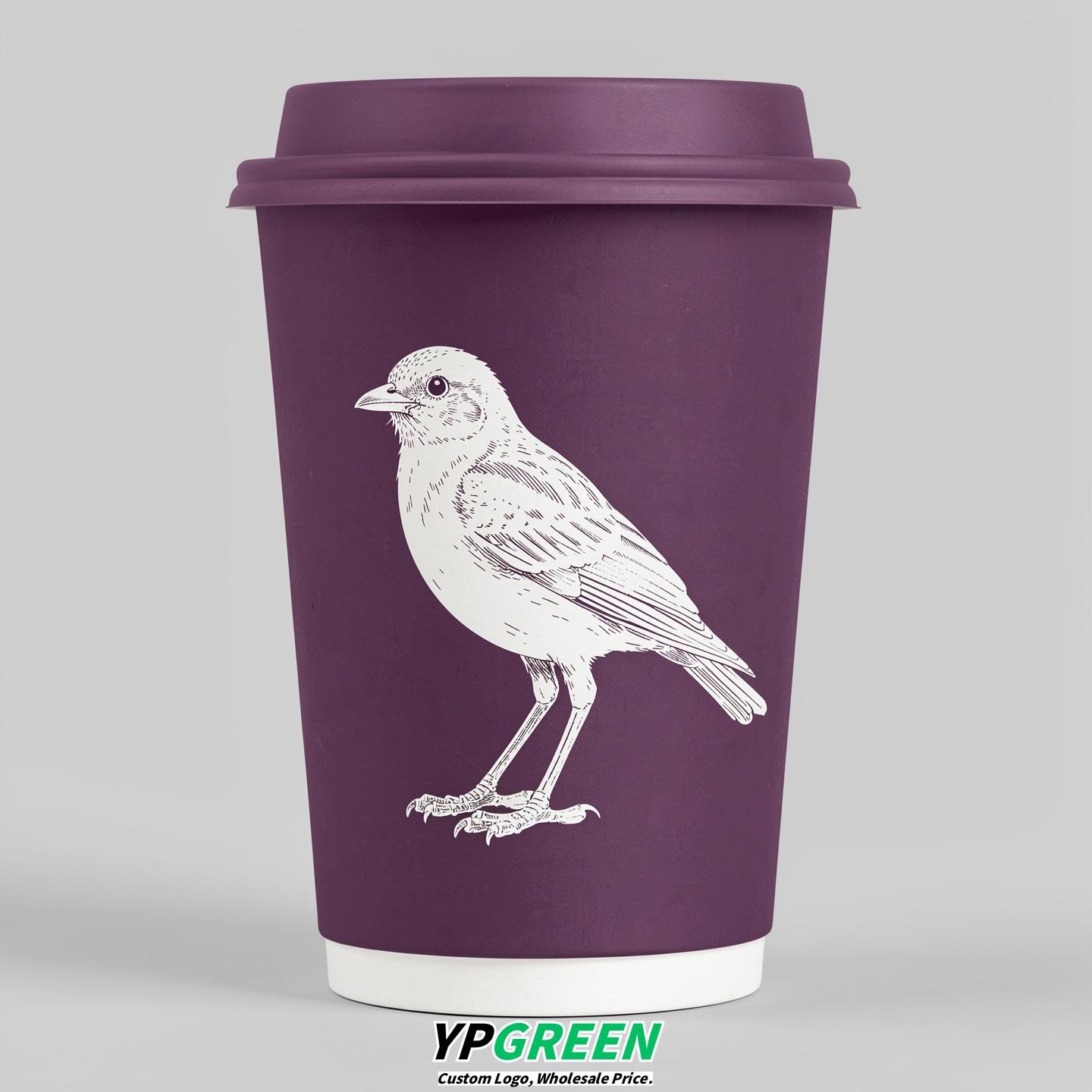 Plum Paper Cups with Bird Logo & Lids 8-24oz