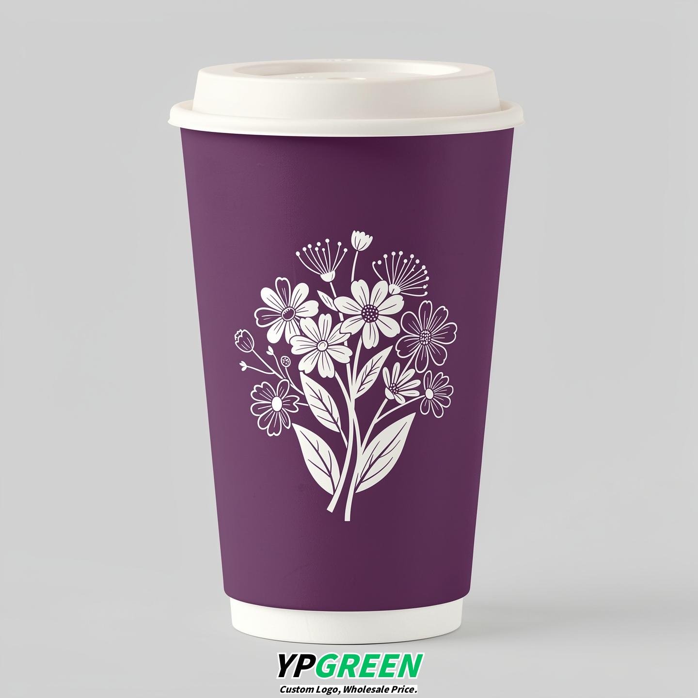 Plum Floral Paper Cups with Lids 8-24oz