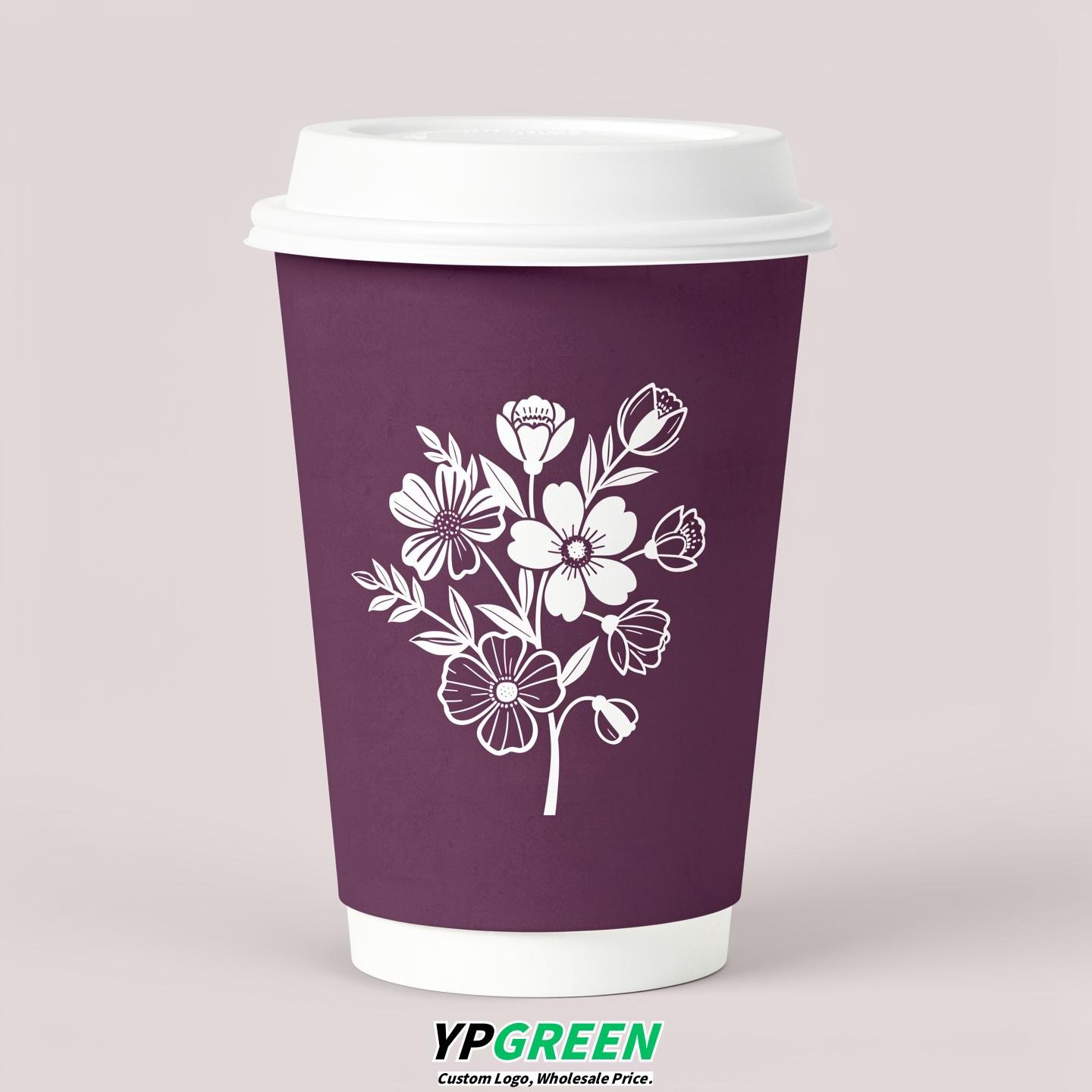 Plum Floral Paper Cups with Lids 8-24oz