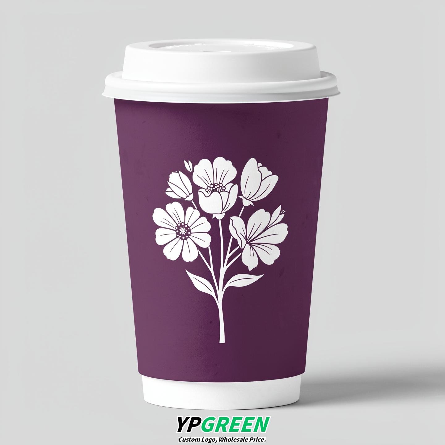 Plum Floral Paper Cups with Lids 8-24oz