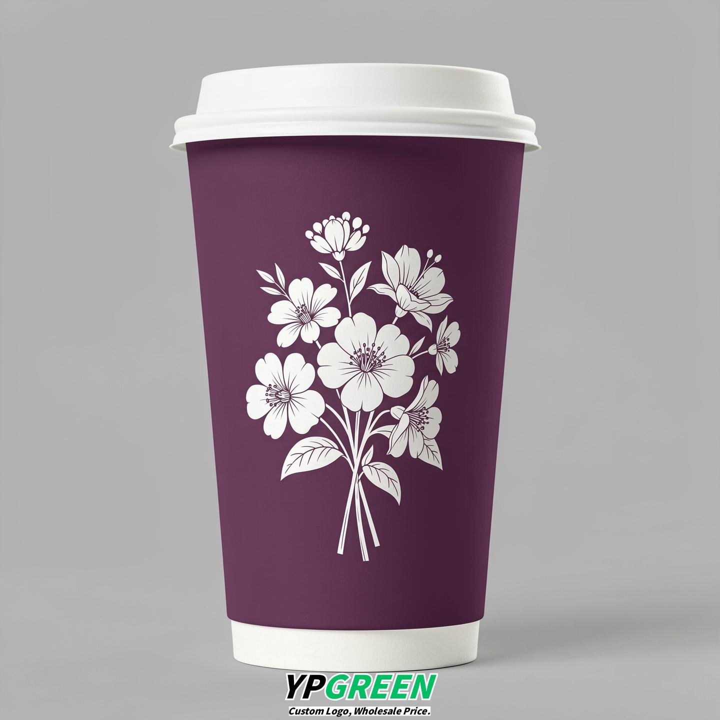 Plum Floral Paper Cups with Lids 8-24oz