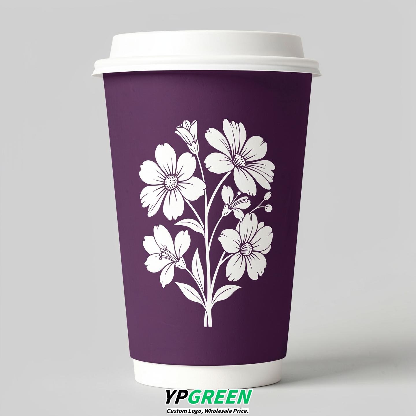 Plum Floral Paper Cups with Lids 8-24oz