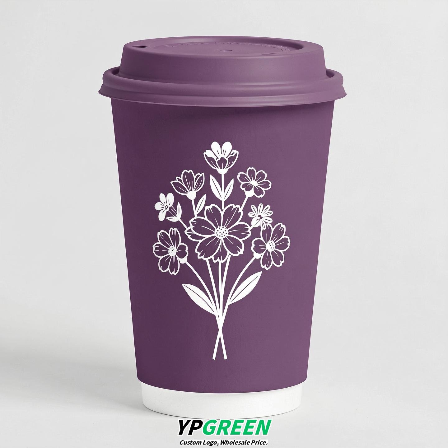 Plum Floral Paper Cups with Lids 8-24oz