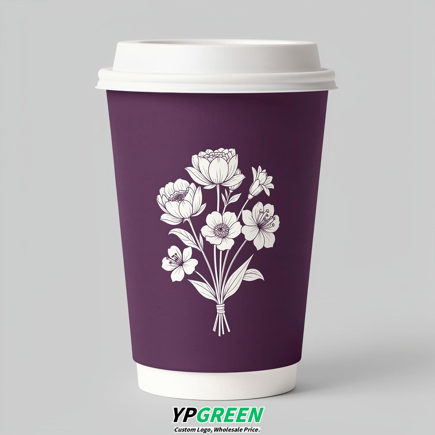 Plum Floral Paper Cups with Lids 8-24oz