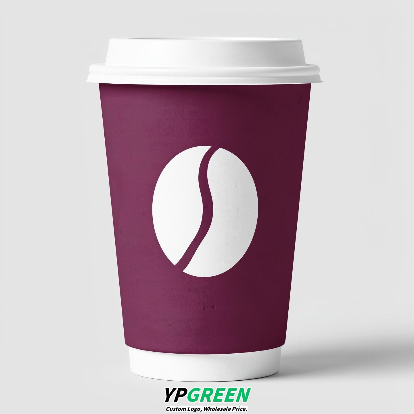 Plum Paper Cups with Coffee Bean Logo & Lids 8-24oz