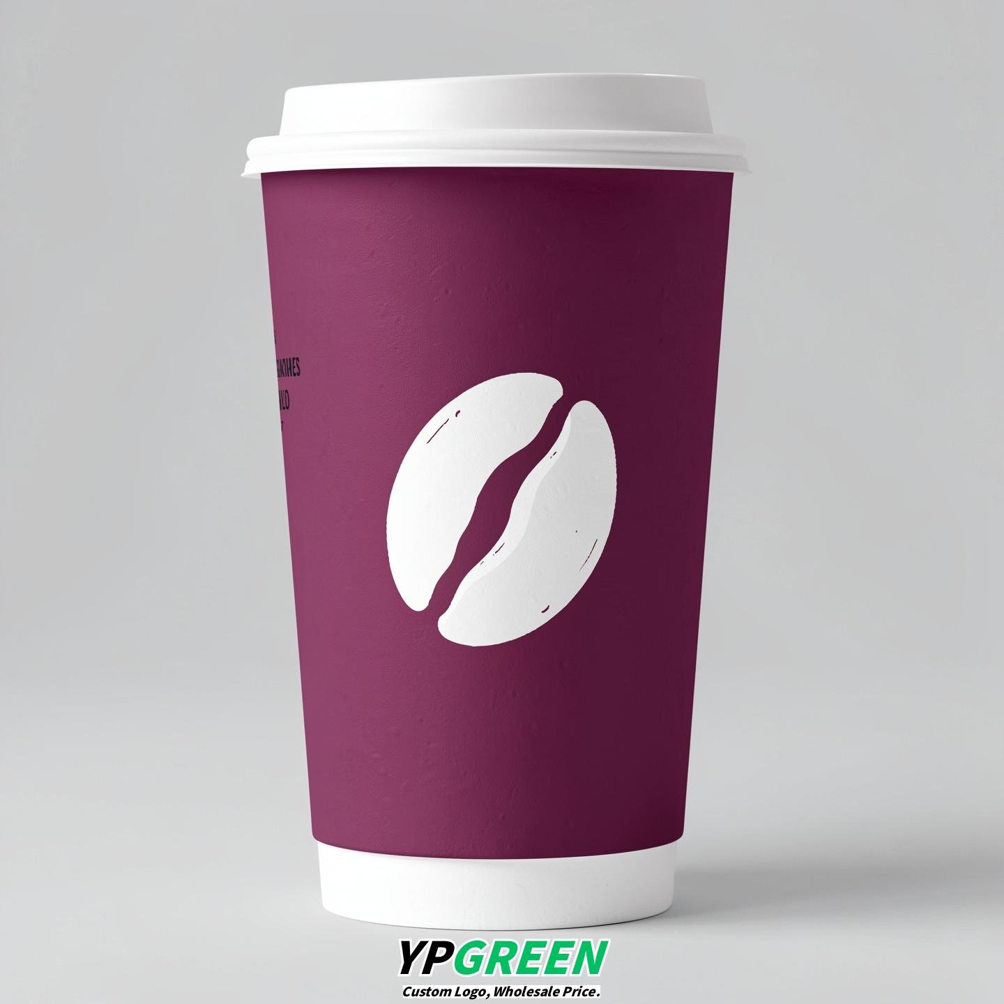 Plum Paper Cups with Coffee Bean Logo & Lids 8-24oz