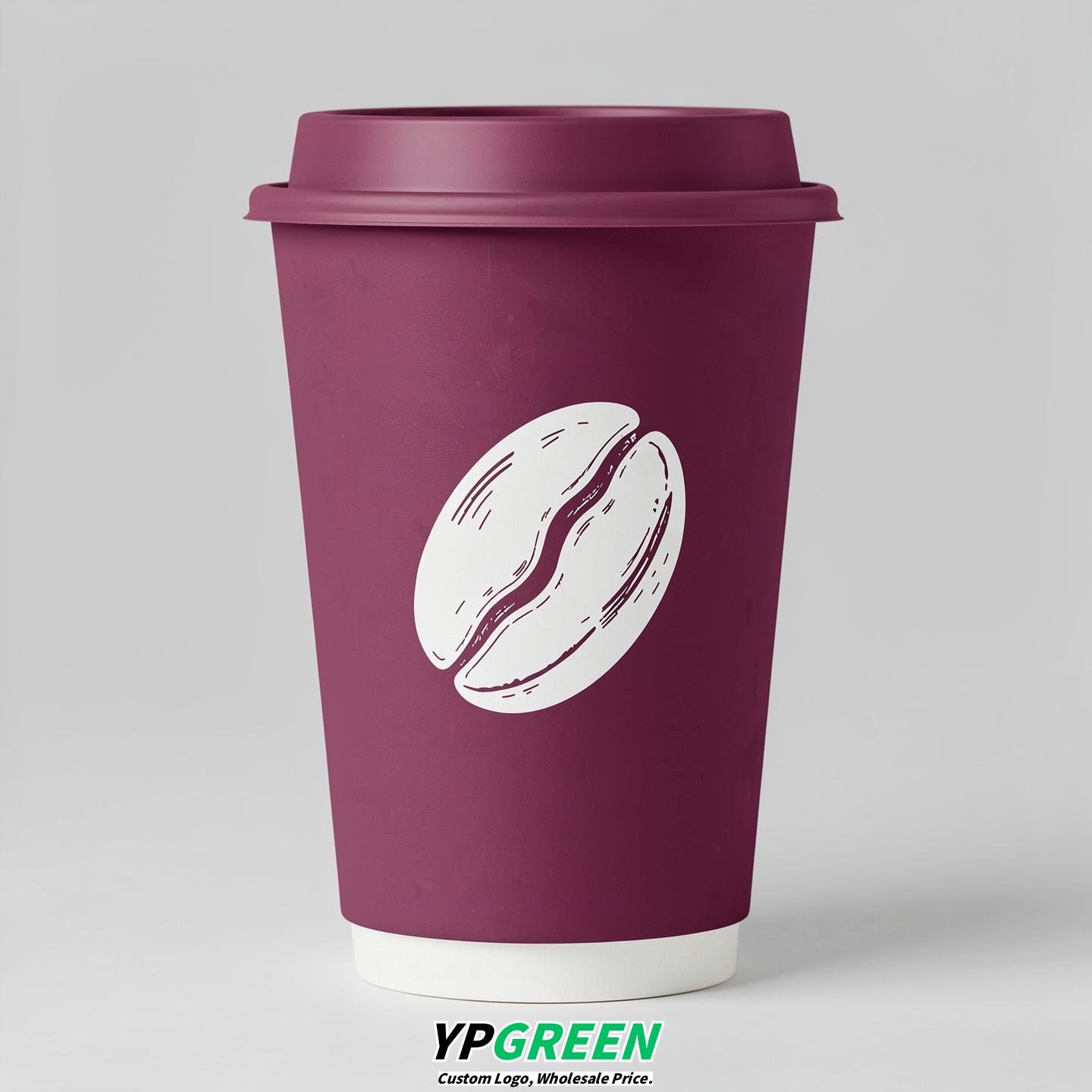 Plum Paper Cups with Coffee Bean Logo & Lids 8-24oz