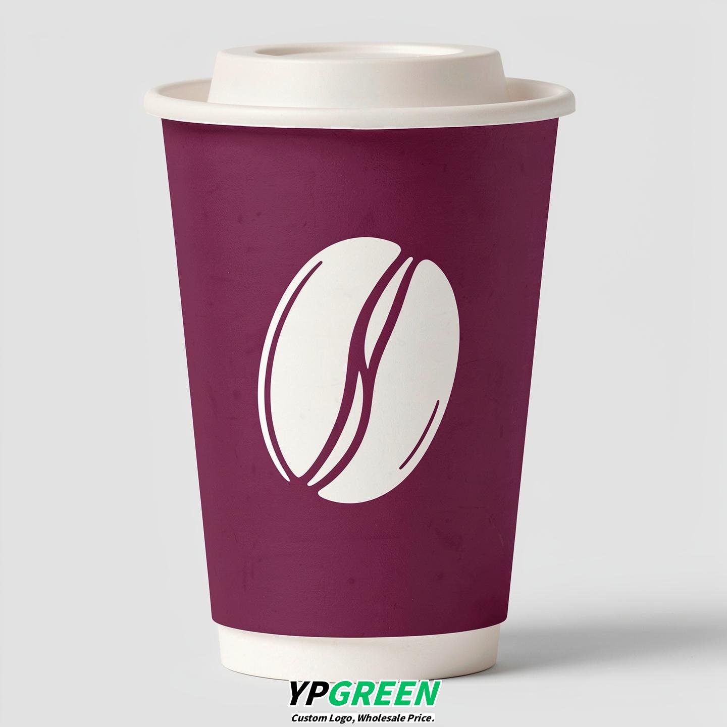 Plum Paper Cups with Coffee Bean Logo & Lids 8-24oz