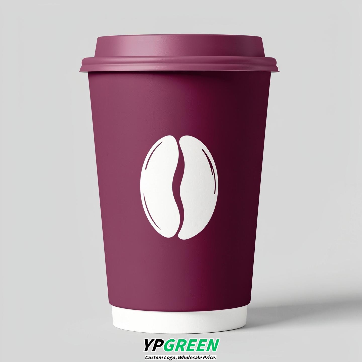 Plum Paper Cups with Coffee Bean Logo & Lids 8-24oz