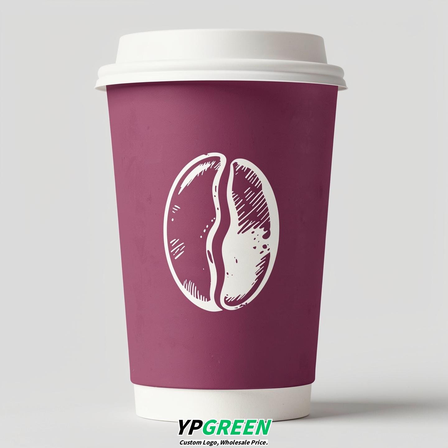 Plum Paper Cups with Coffee Bean Logo & Lids 8-24oz