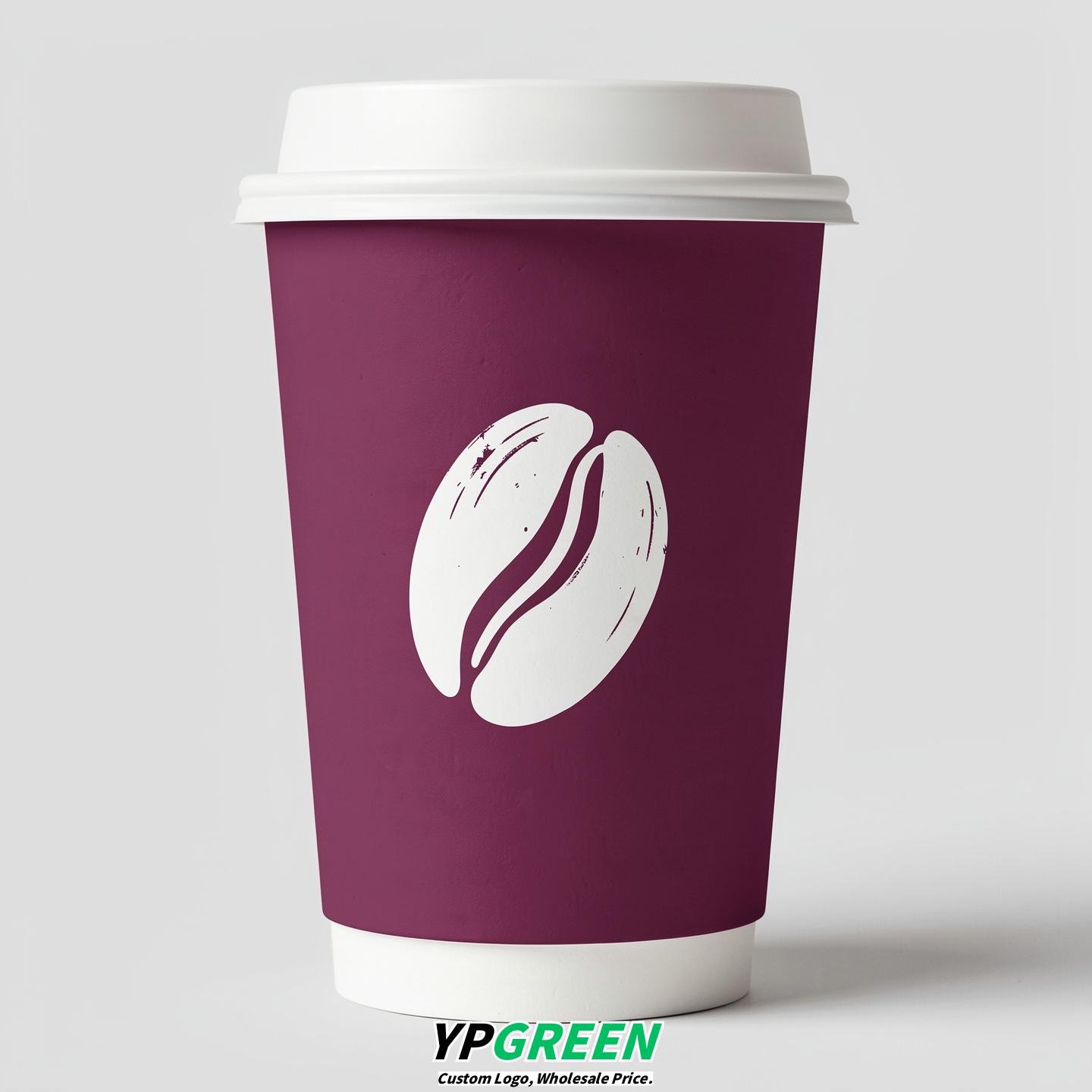 Plum Paper Cups with Coffee Bean Logo & Lids 8-24oz