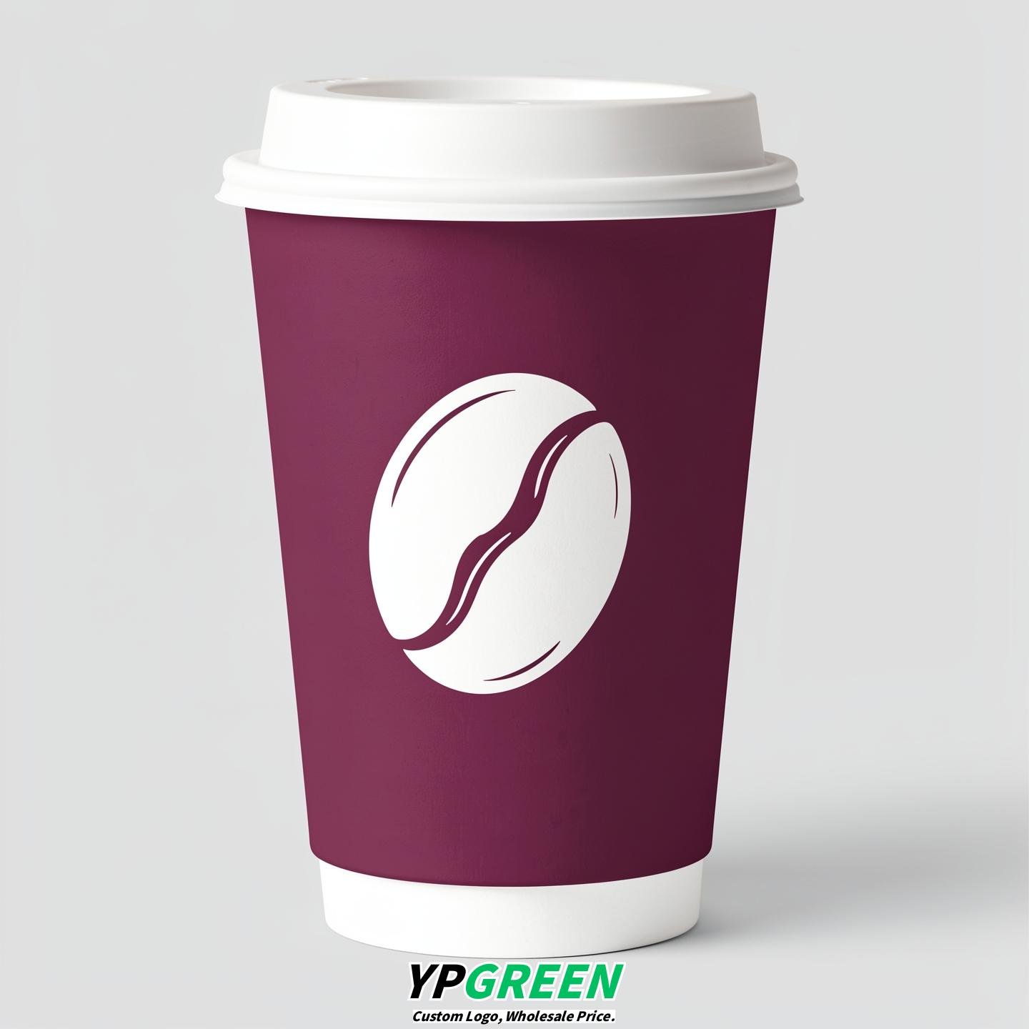 Plum Paper Cups with Coffee Bean Logo & Lids 8-24oz