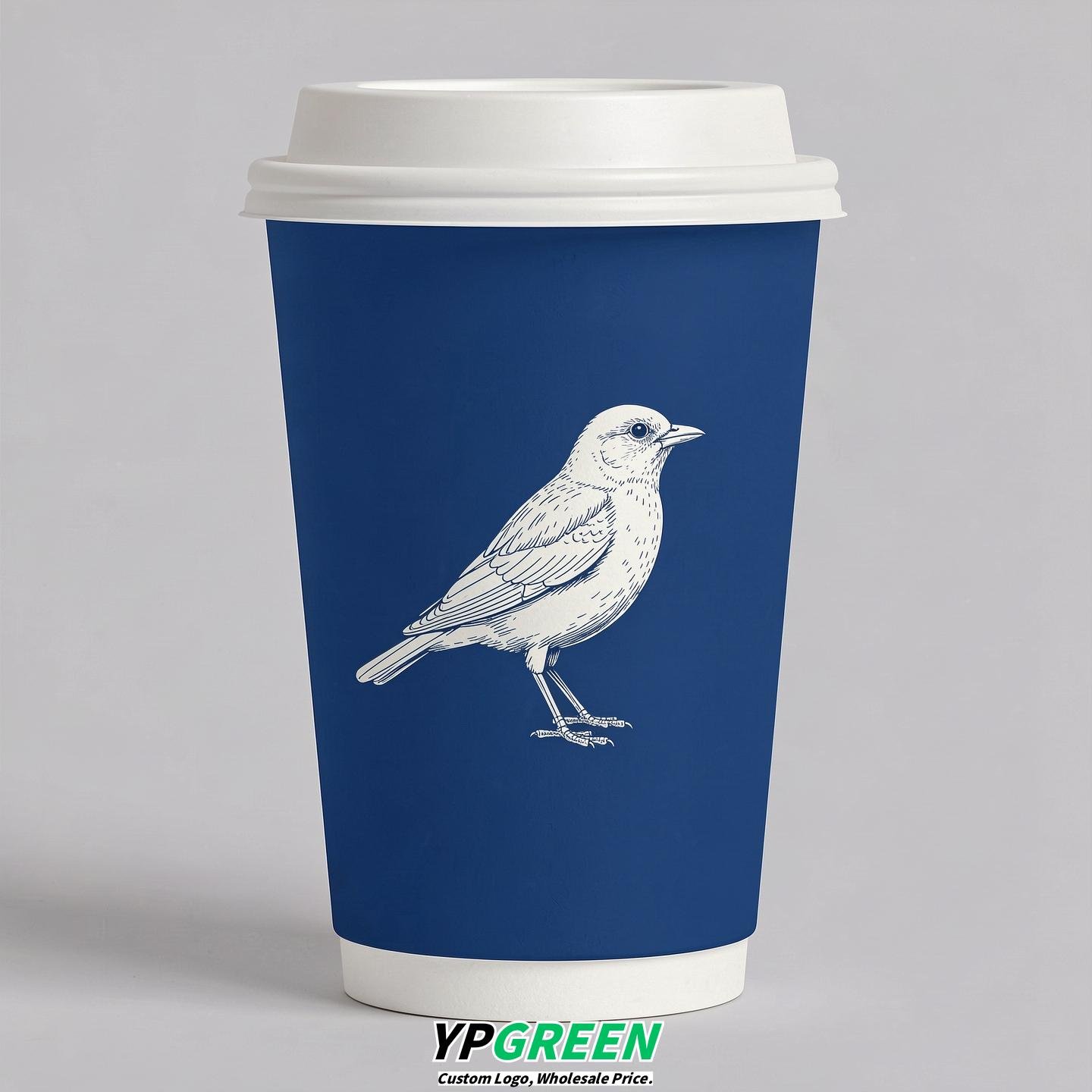 Prussian Blue Paper Cups with Bird Logo & Lids 8-24oz
