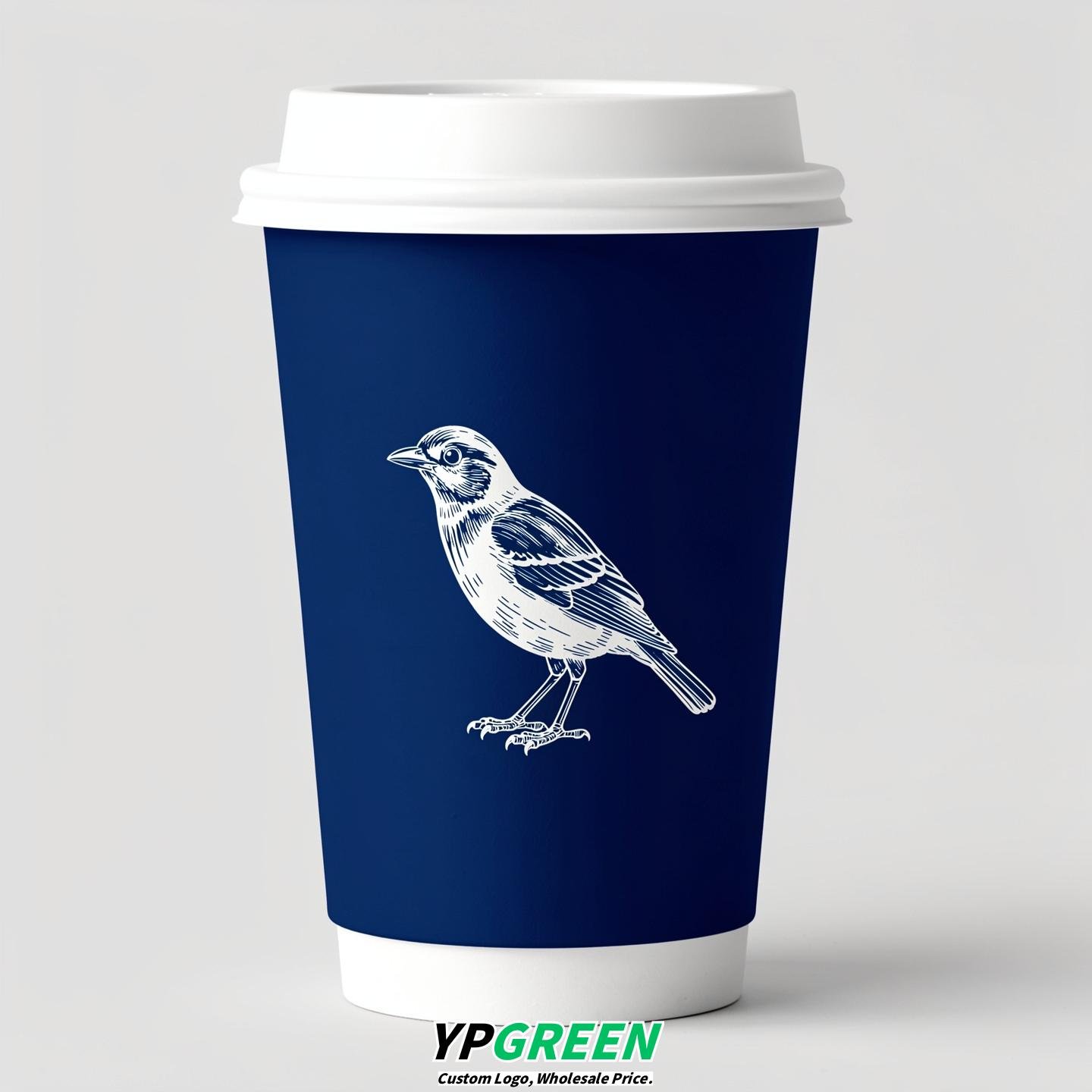 Prussian Blue Paper Cups with Bird Logo & Lids 8-24oz