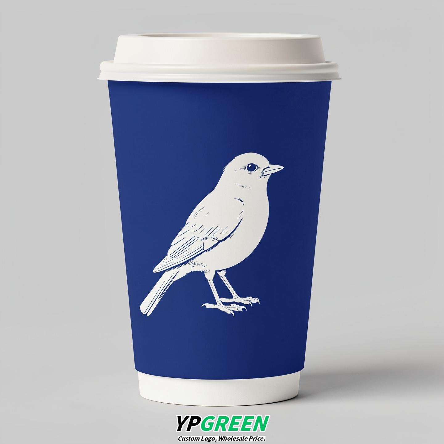 Prussian Blue Paper Cups with Bird Logo & Lids 8-24oz