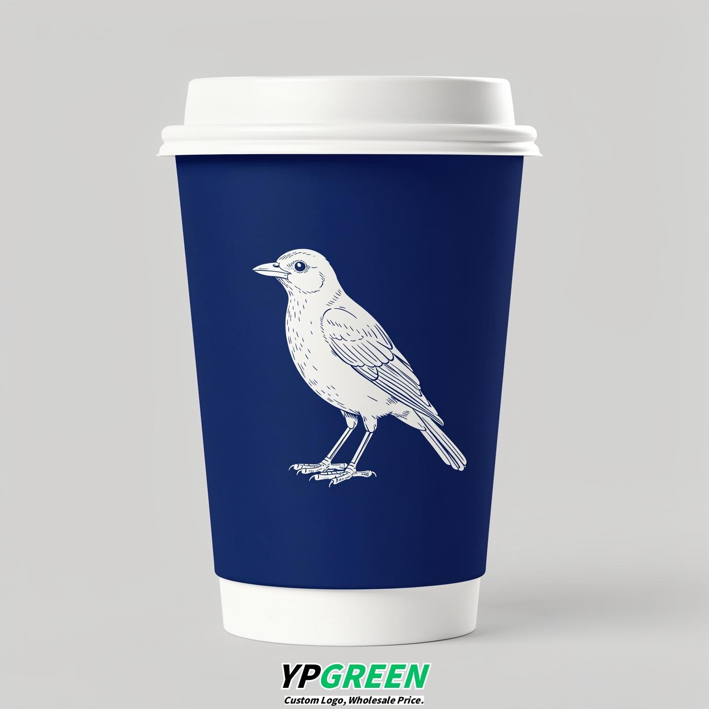 Prussian Blue Paper Cups with Bird Logo & Lids 8-24oz