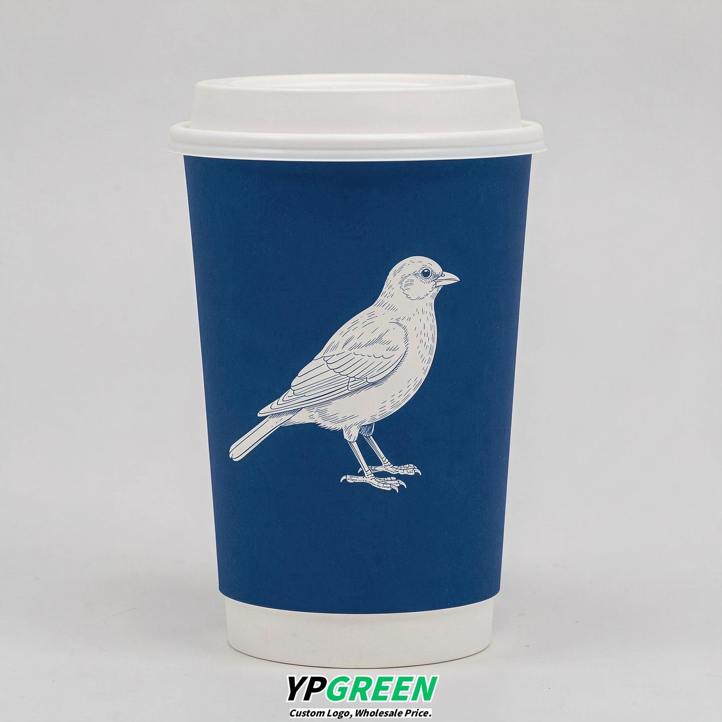 Prussian Blue Paper Cups with Bird Logo & Lids 8-24oz