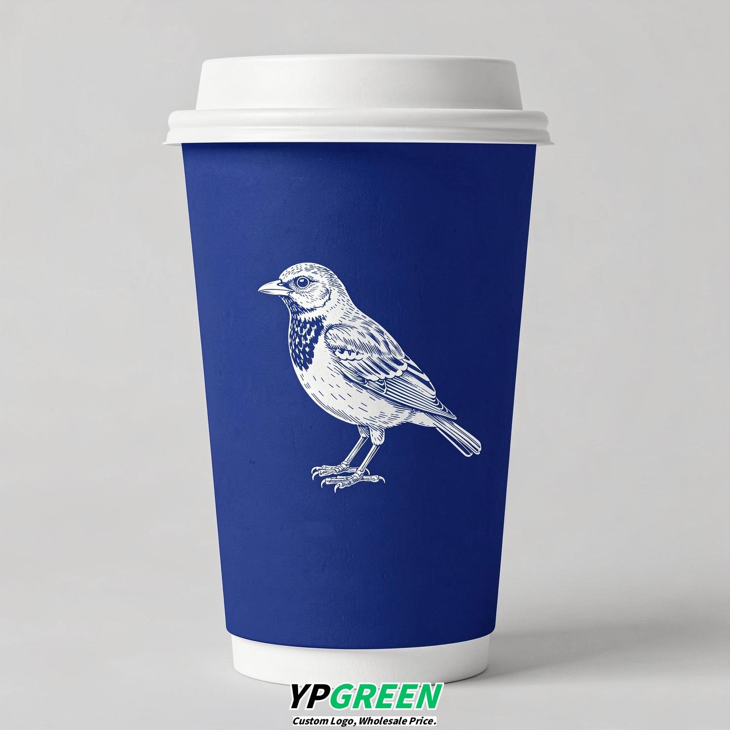 Prussian Blue Paper Cups with Bird Logo & Lids 8-24oz