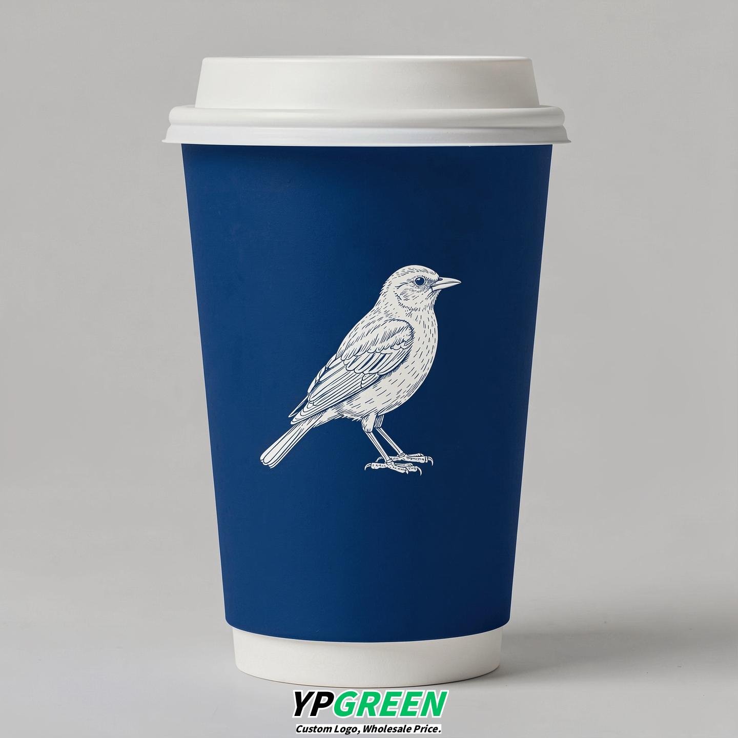 Prussian Blue Paper Cups with Bird Logo & Lids 8-24oz
