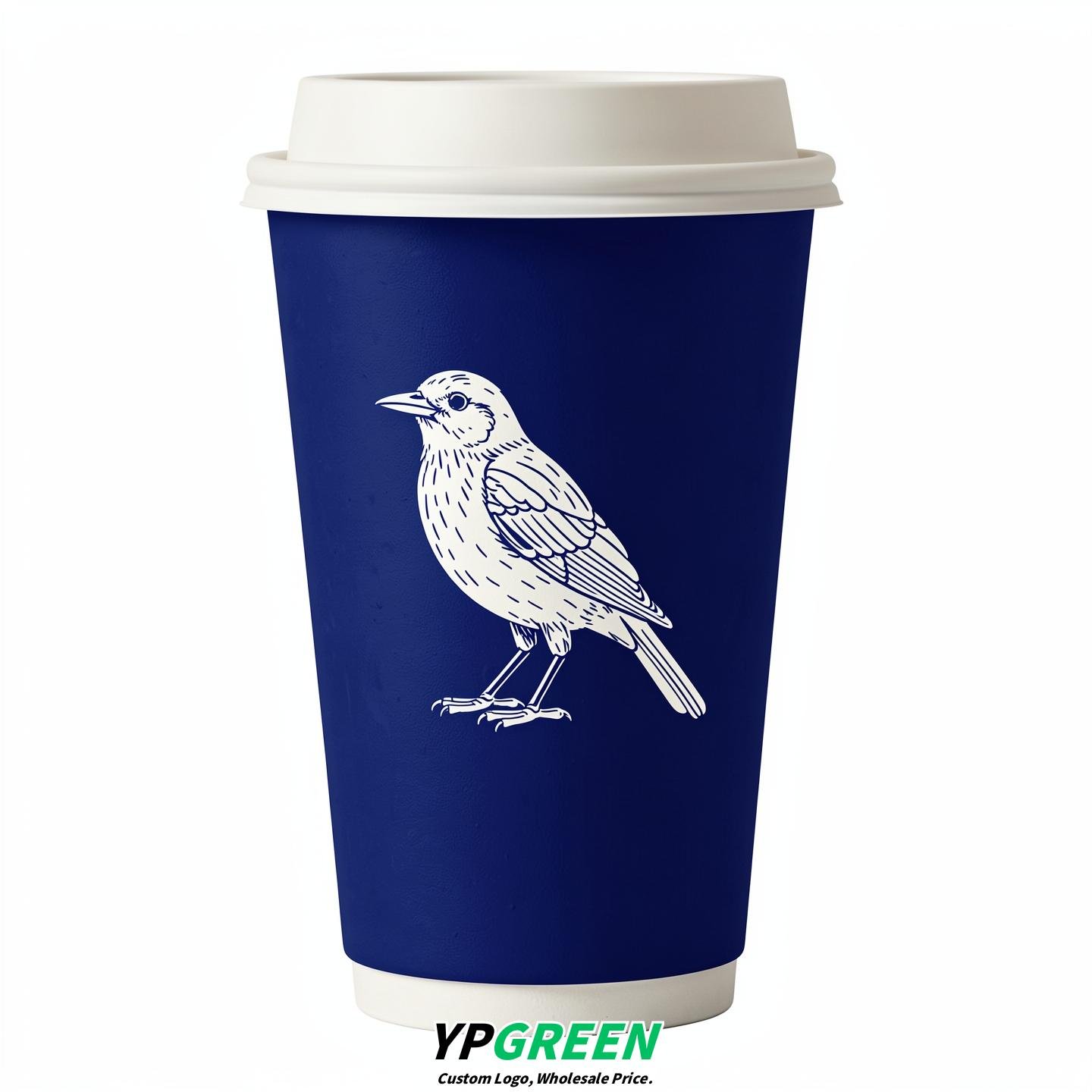 Prussian Blue Paper Cups with Bird Logo & Lids 8-24oz