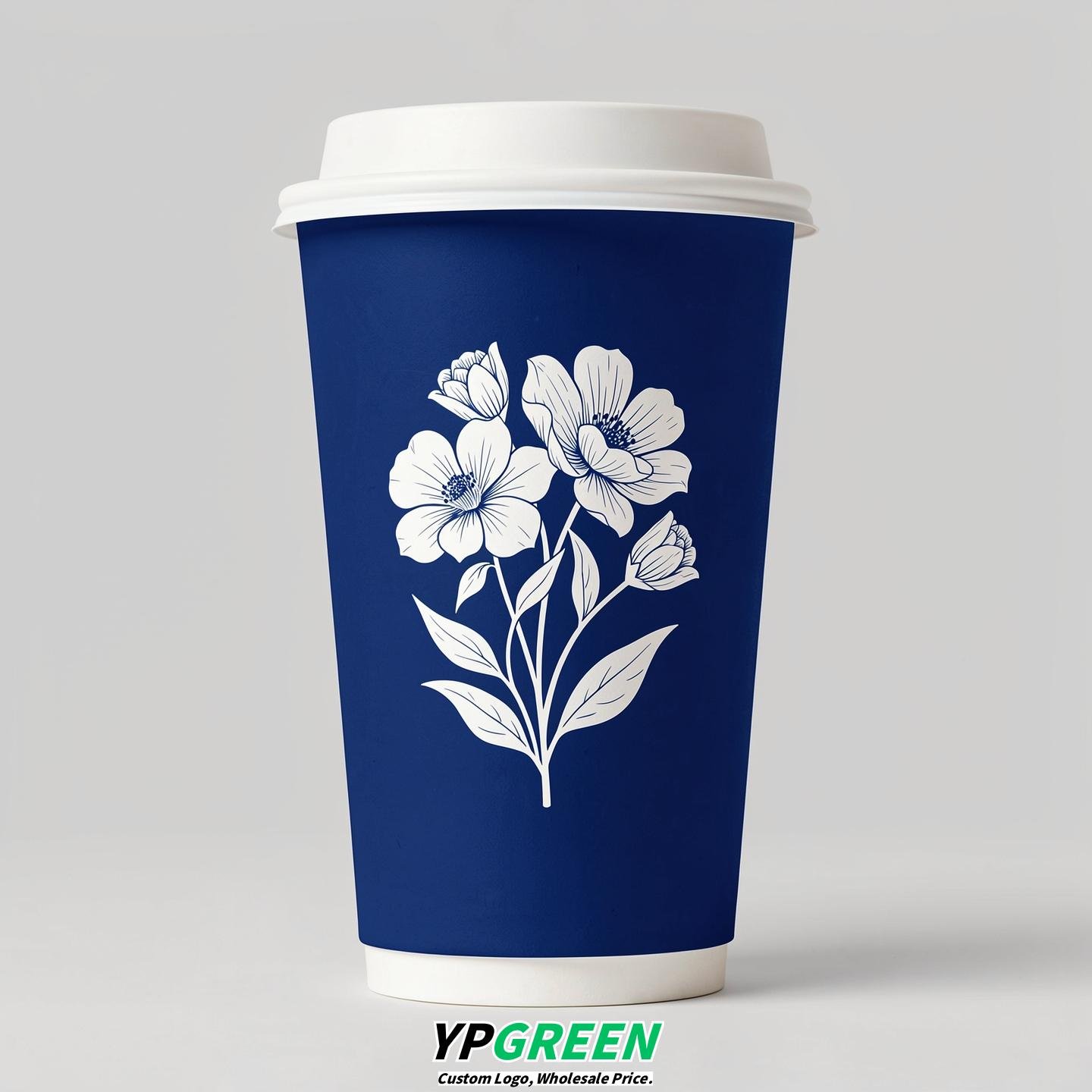 Prussian Blue Floral Paper Cups with Lids 8-24oz