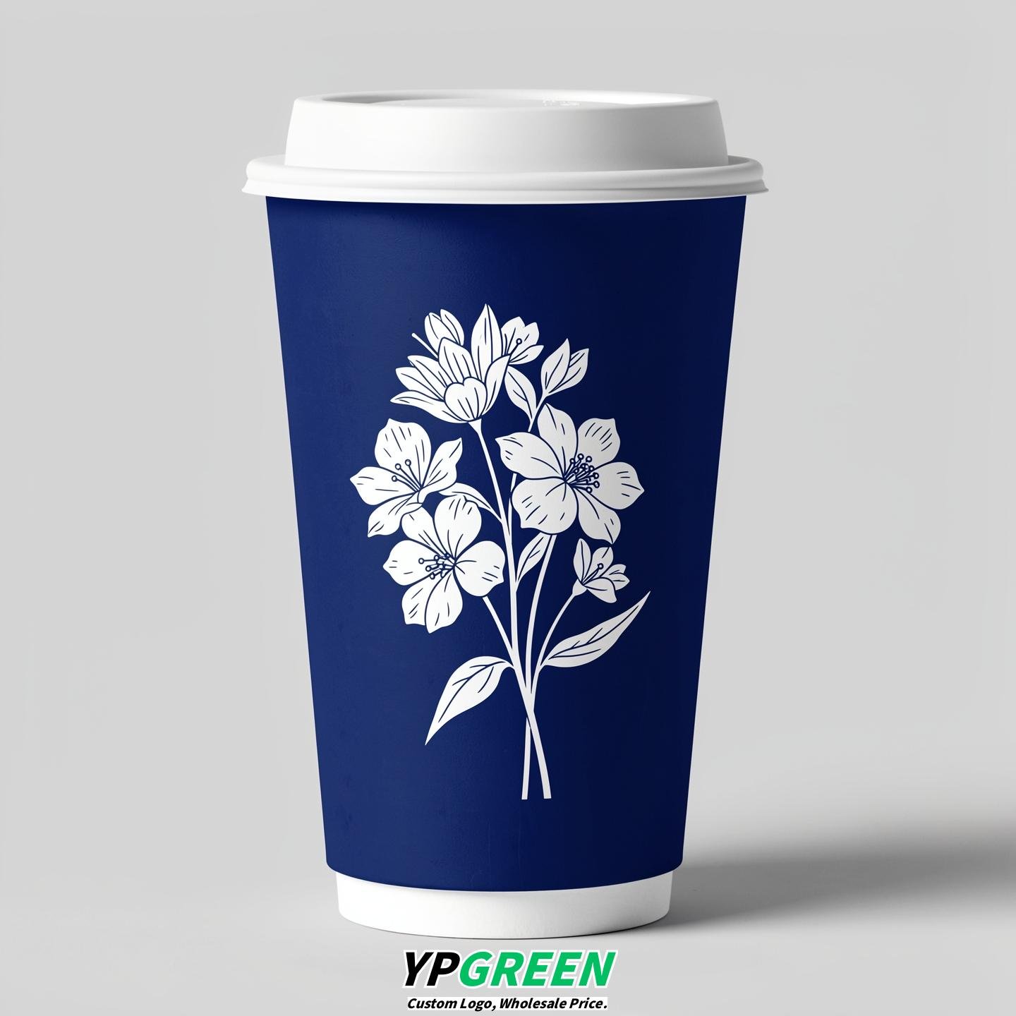 Prussian Blue Floral Paper Cups with Lids 8-24oz
