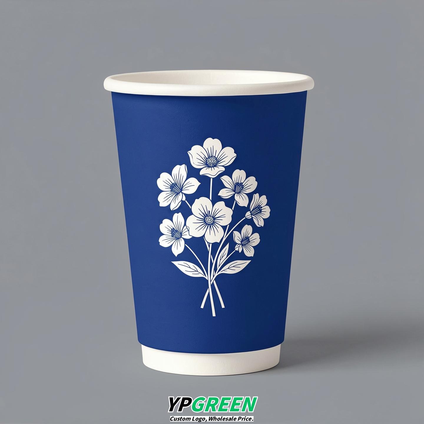 Prussian Blue Floral Paper Cups with Lids 8-24oz