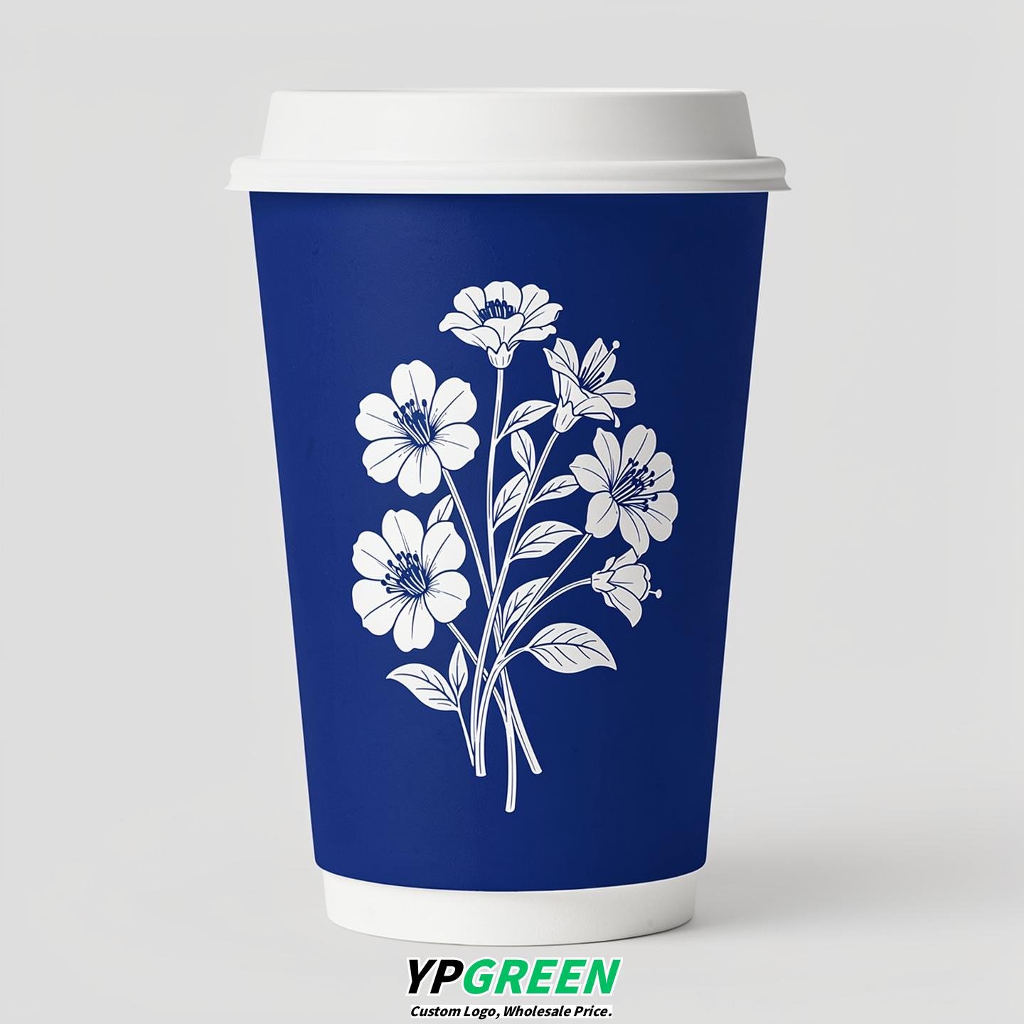 Prussian Blue Floral Paper Cups with Lids 8-24oz