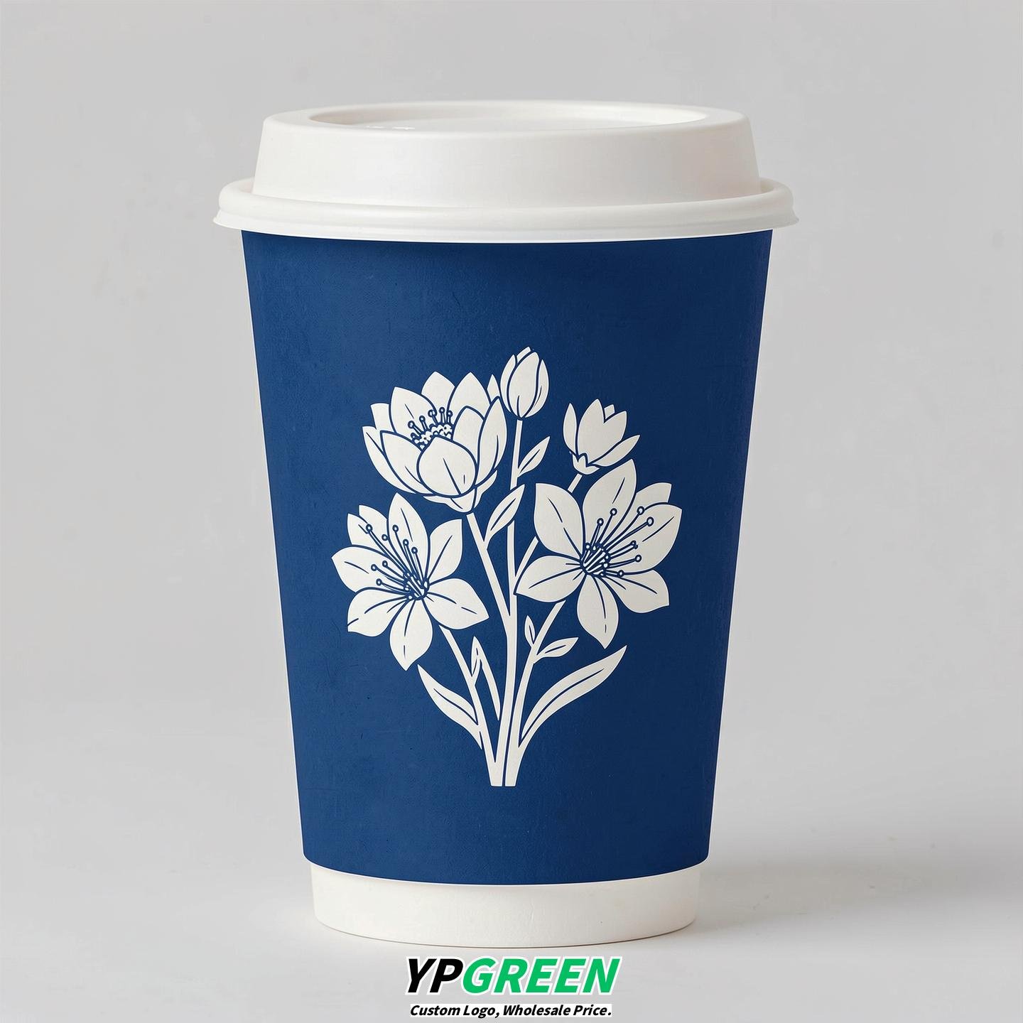 Prussian Blue Floral Paper Cups with Lids 8-24oz
