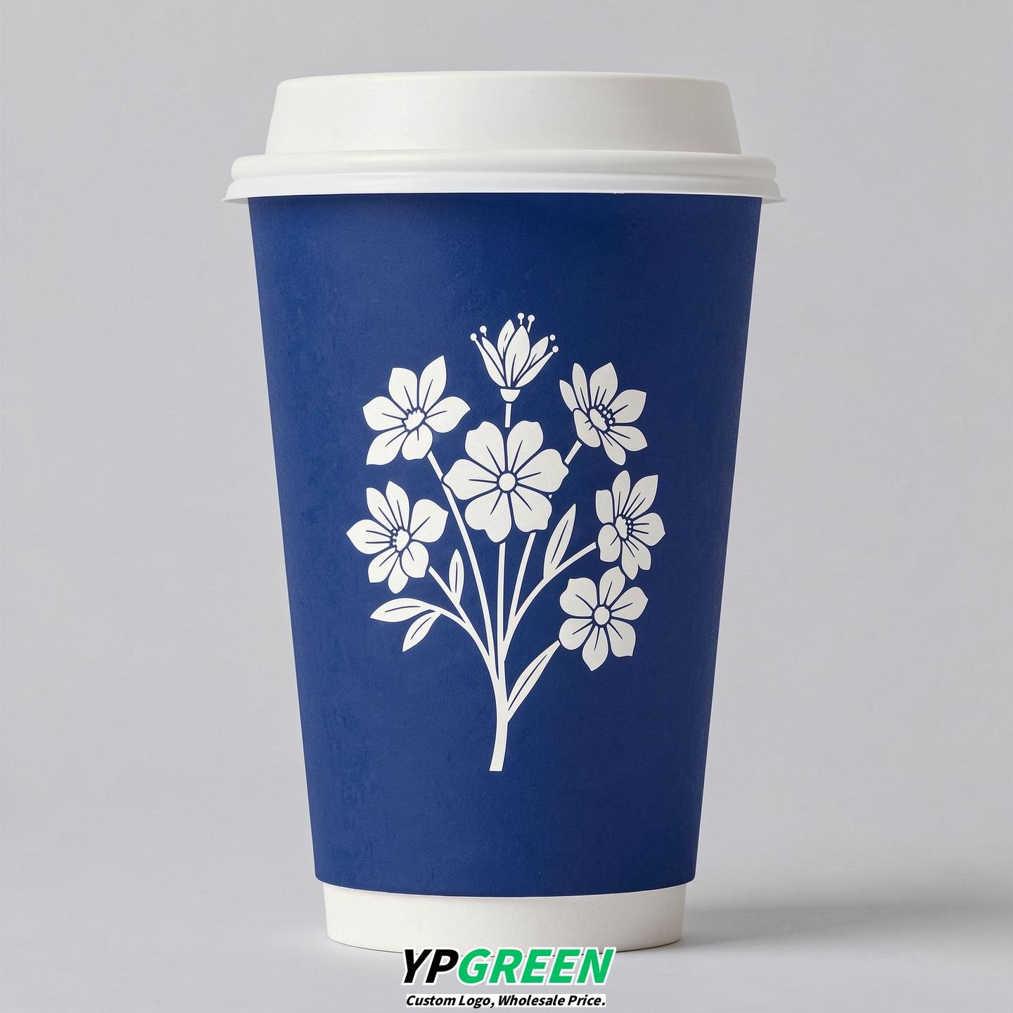 Prussian Blue Floral Paper Cups with Lids 8-24oz