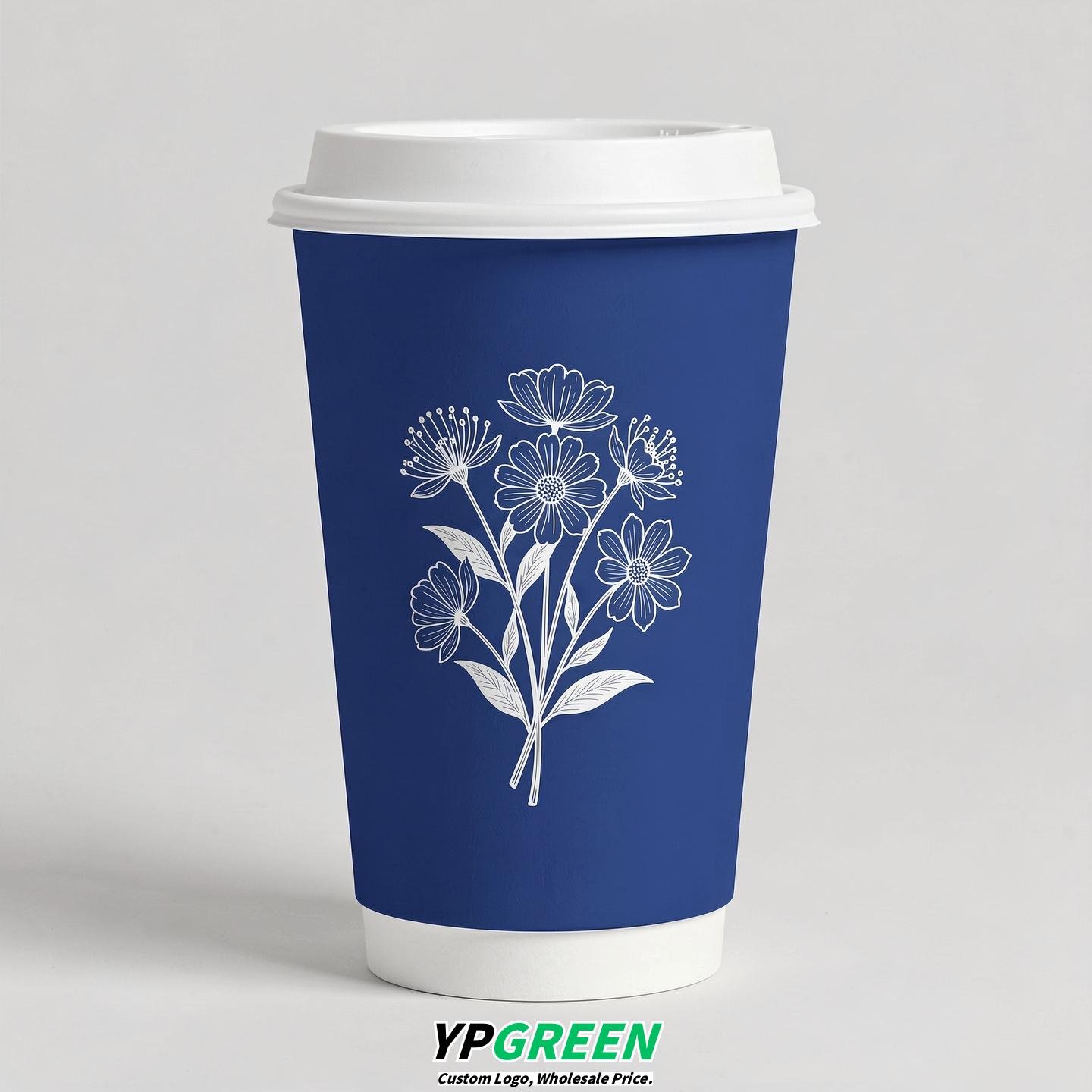 Prussian Blue Floral Paper Cups with Lids 8-24oz
