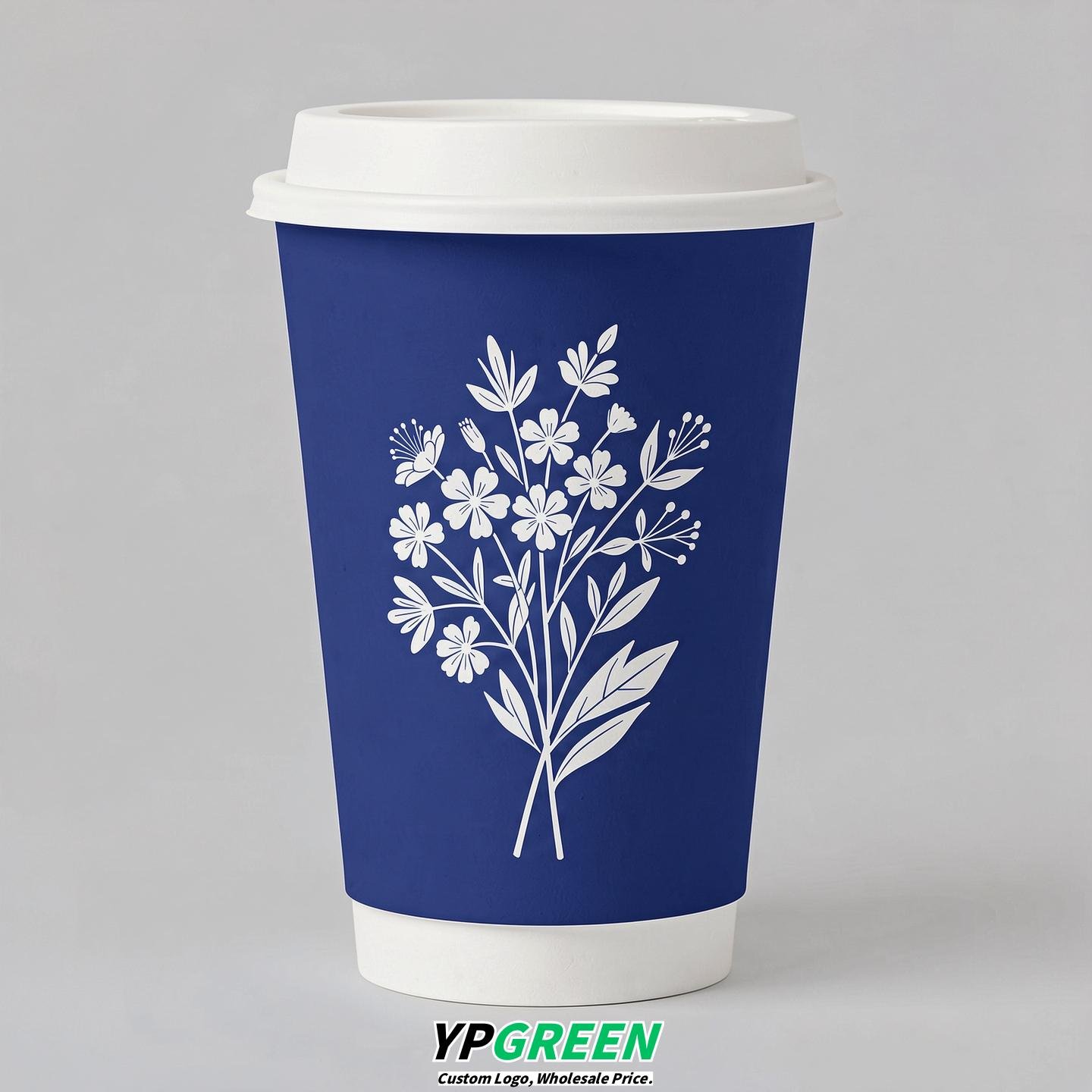 Prussian Blue Floral Paper Cups with Lids 8-24oz