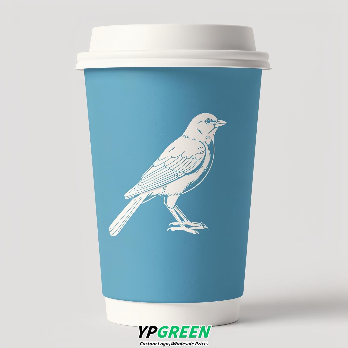 Robin Egg Blue Paper Cups with Bird Logo & Lids 8-24oz