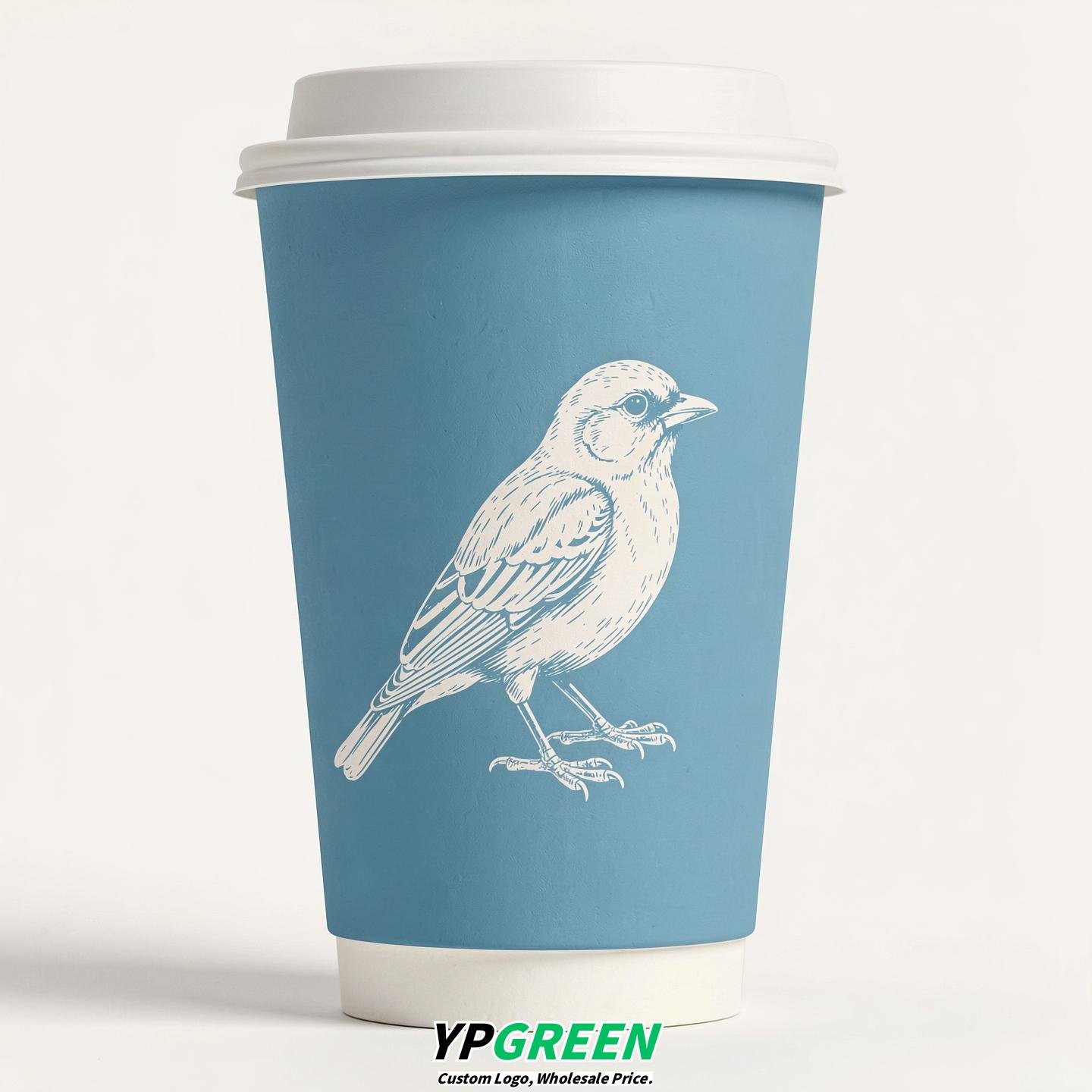 Robin Egg Blue Paper Cups with Bird Logo & Lids 8-24oz