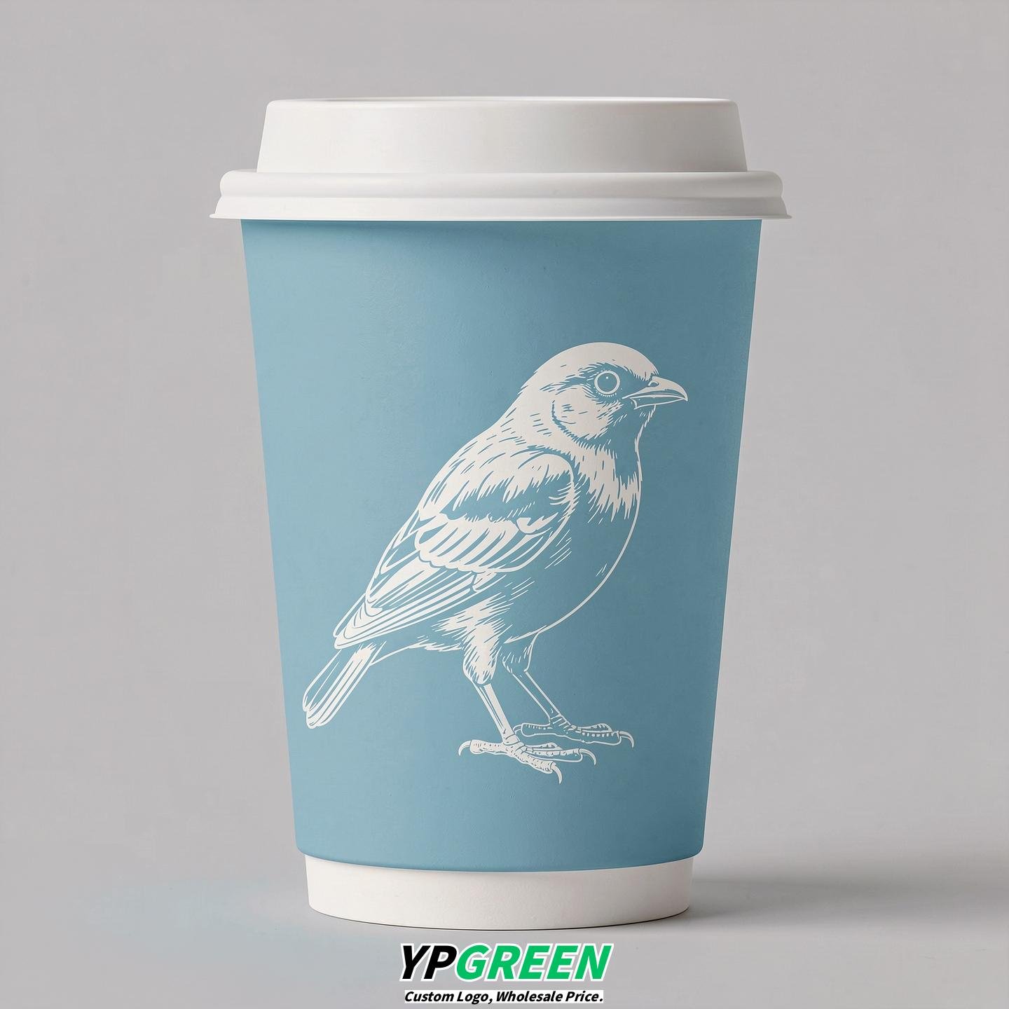 Robin Egg Blue Paper Cups with Bird Logo & Lids 8-24oz