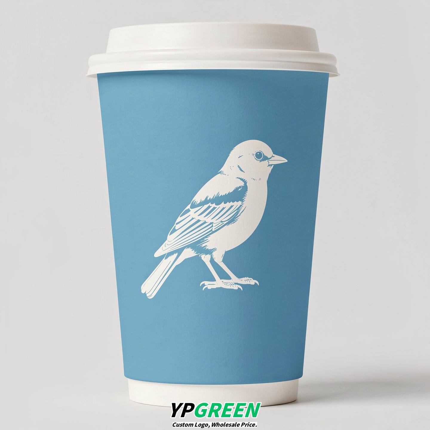 Robin Egg Blue Paper Cups with Bird Logo & Lids 8-24oz