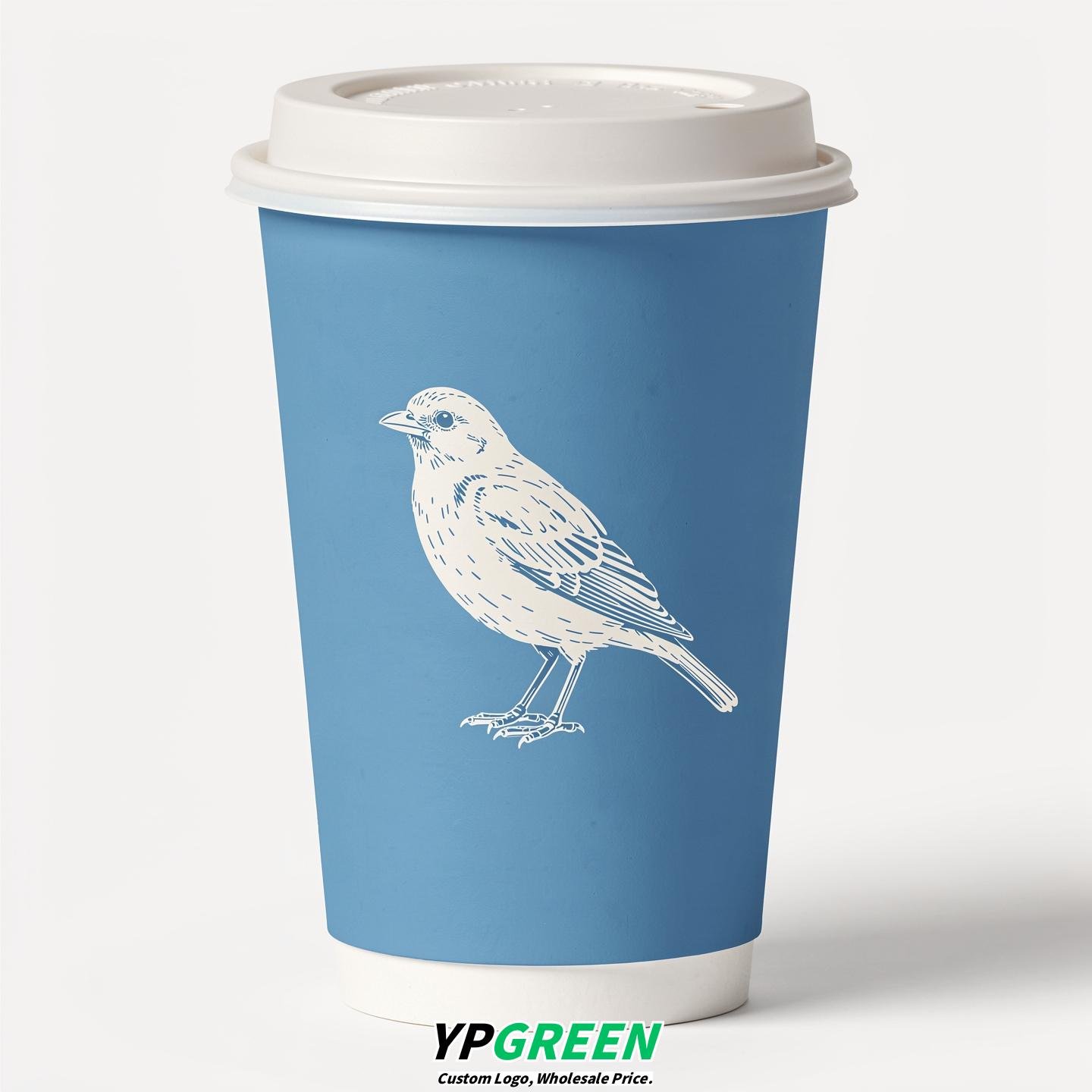 Robin Egg Blue Paper Cups with Bird Logo & Lids 8-24oz