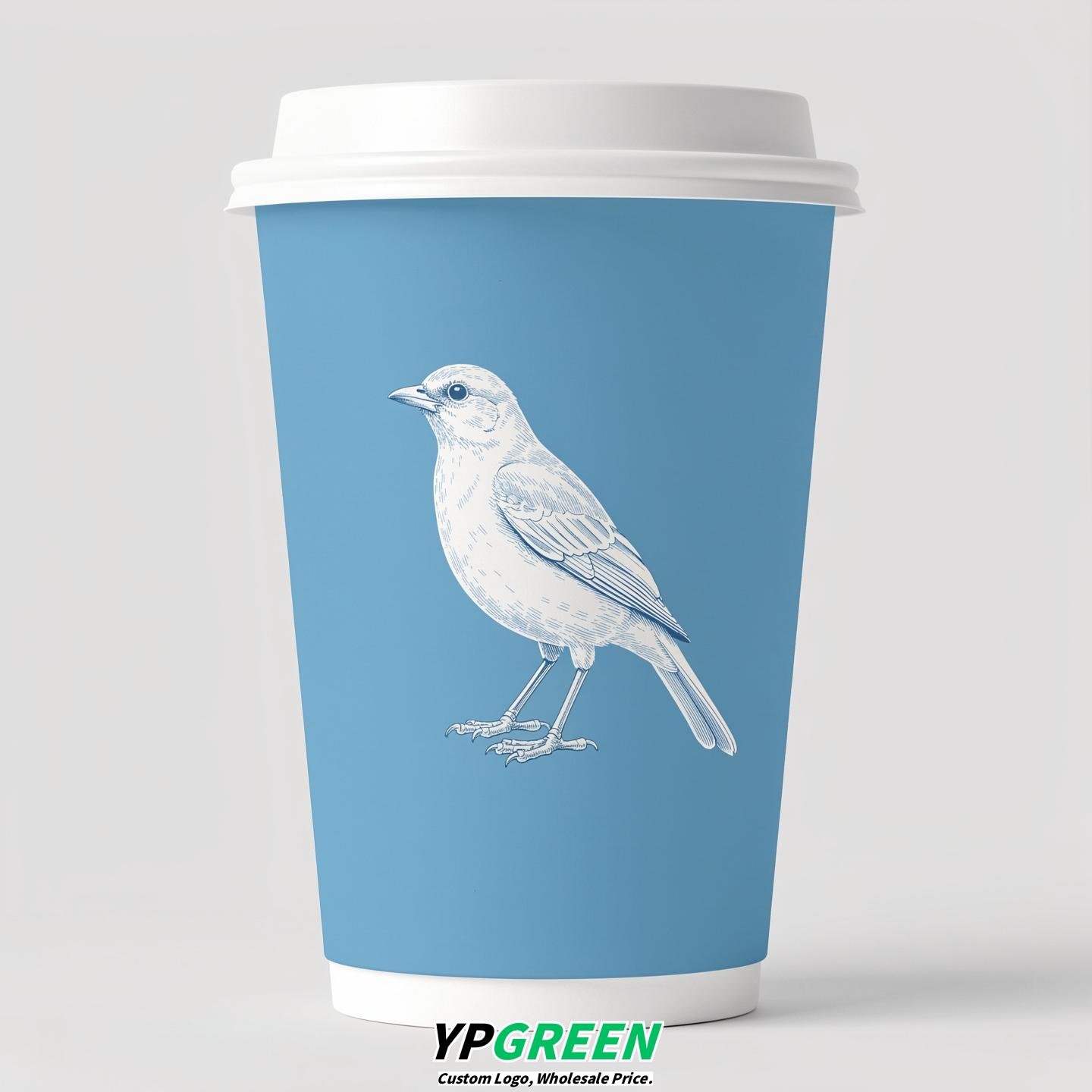 Robin Egg Blue Paper Cups with Bird Logo & Lids 8-24oz