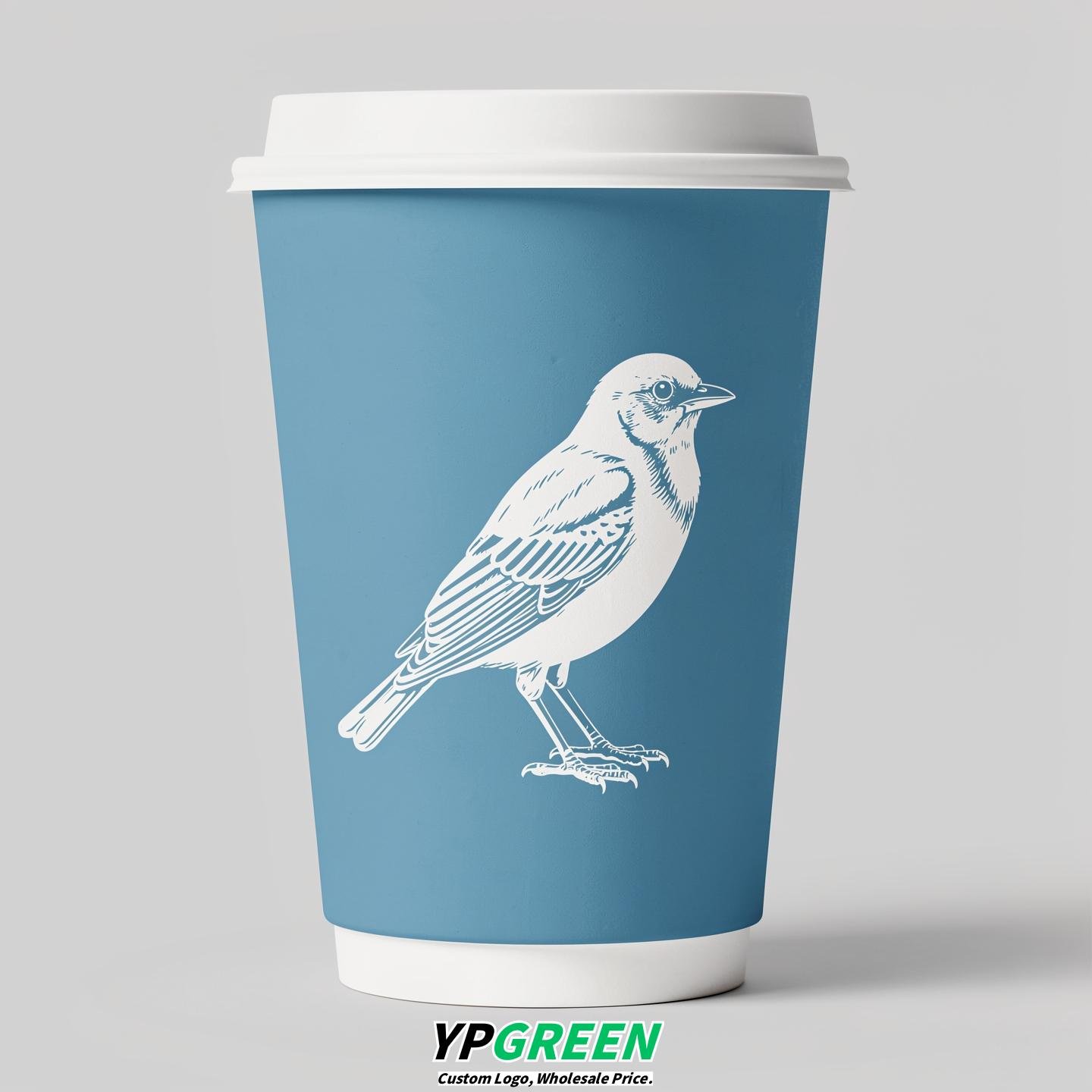Robin Egg Blue Paper Cups with Bird Logo & Lids 8-24oz