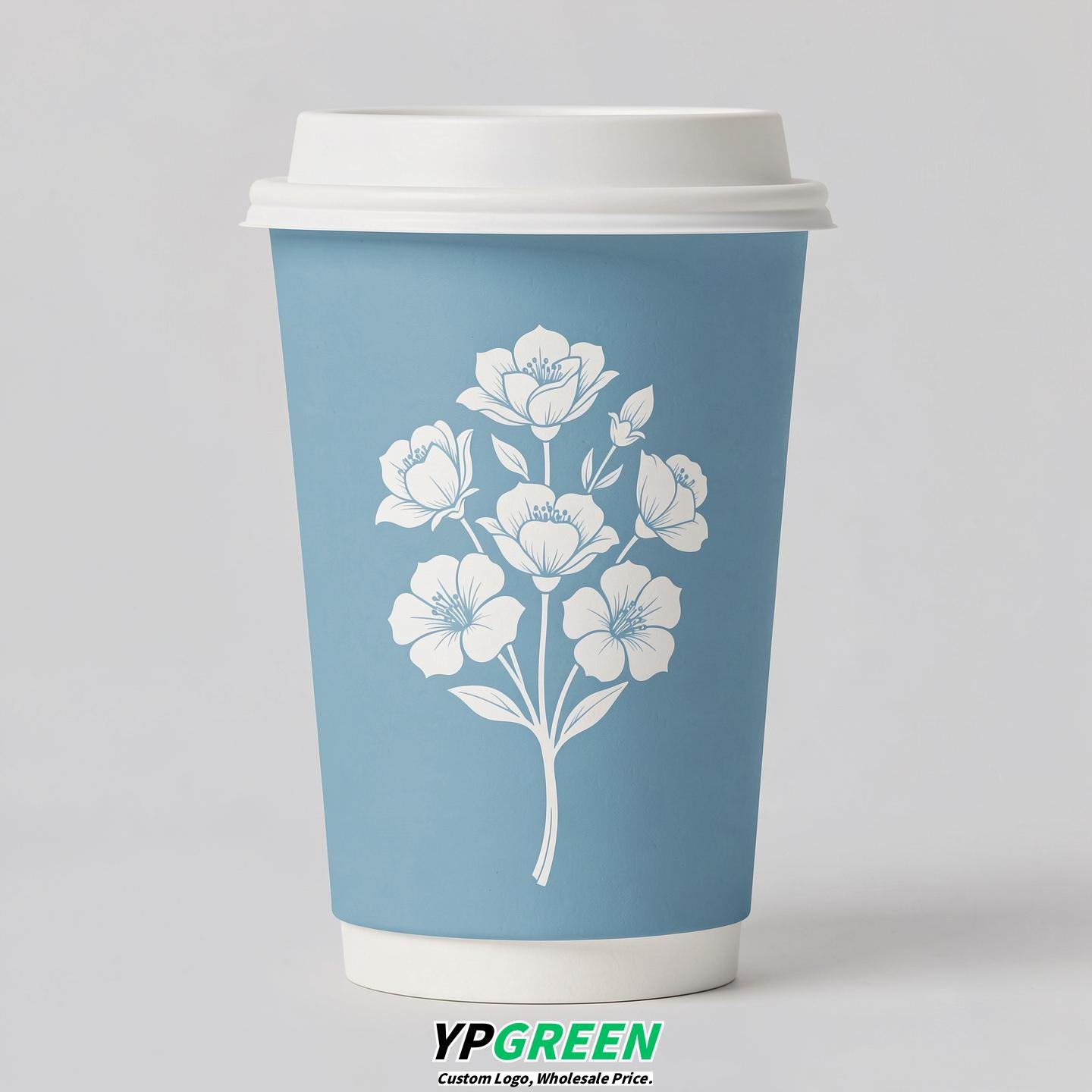 Robin Egg Blue Floral Paper Cups with Lids 8-24oz