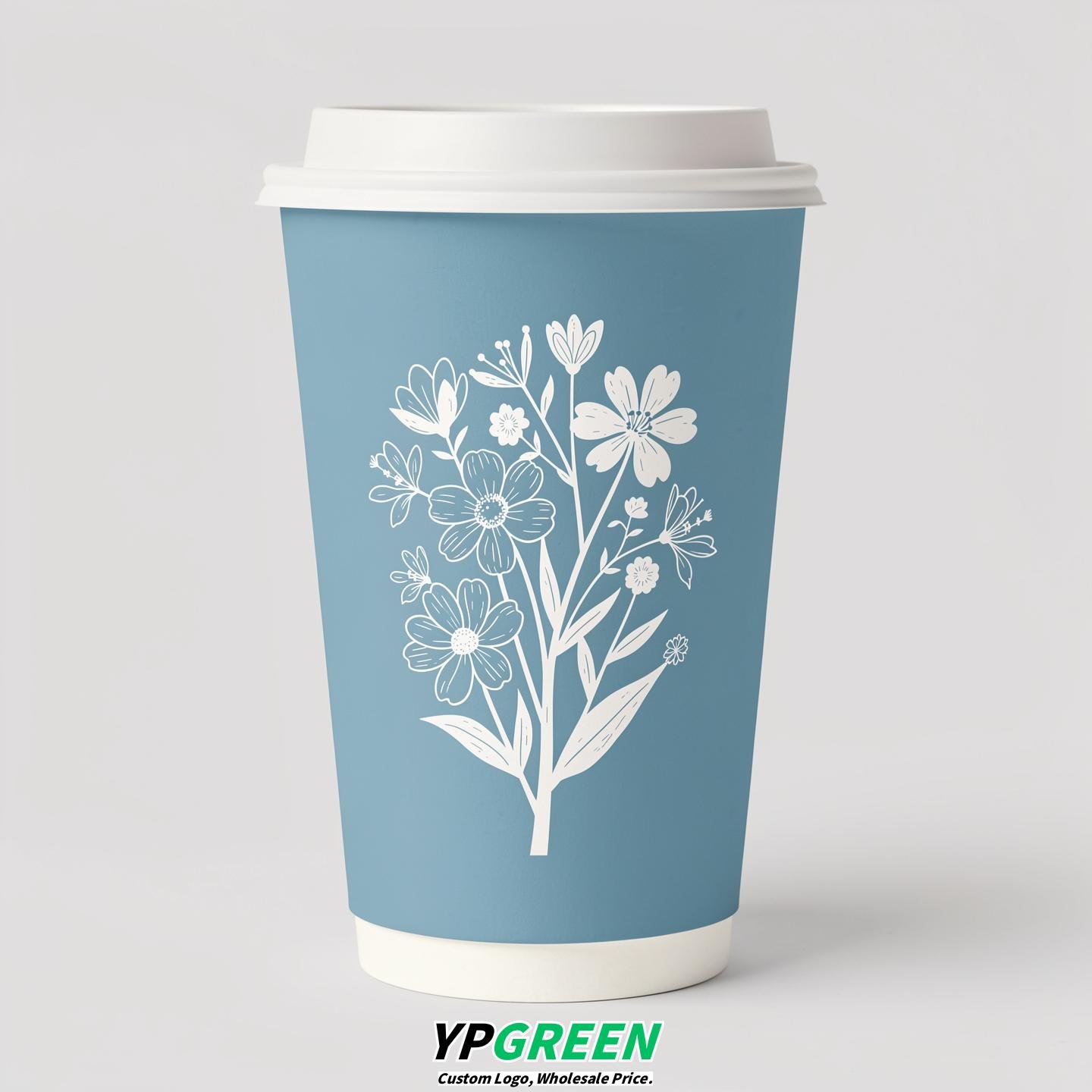 Robin Egg Blue Floral Paper Cups with Lids 8-24oz