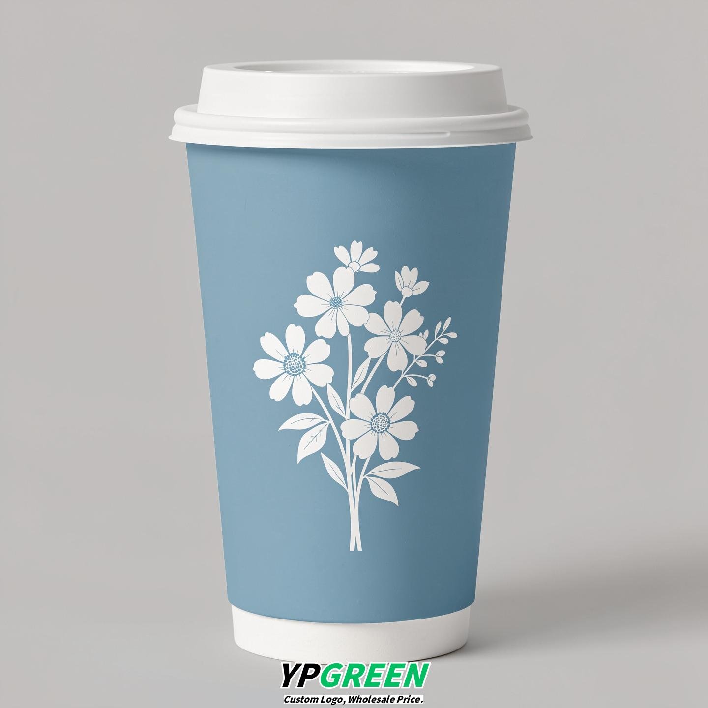 Robin Egg Blue Floral Paper Cups with Lids 8-24oz