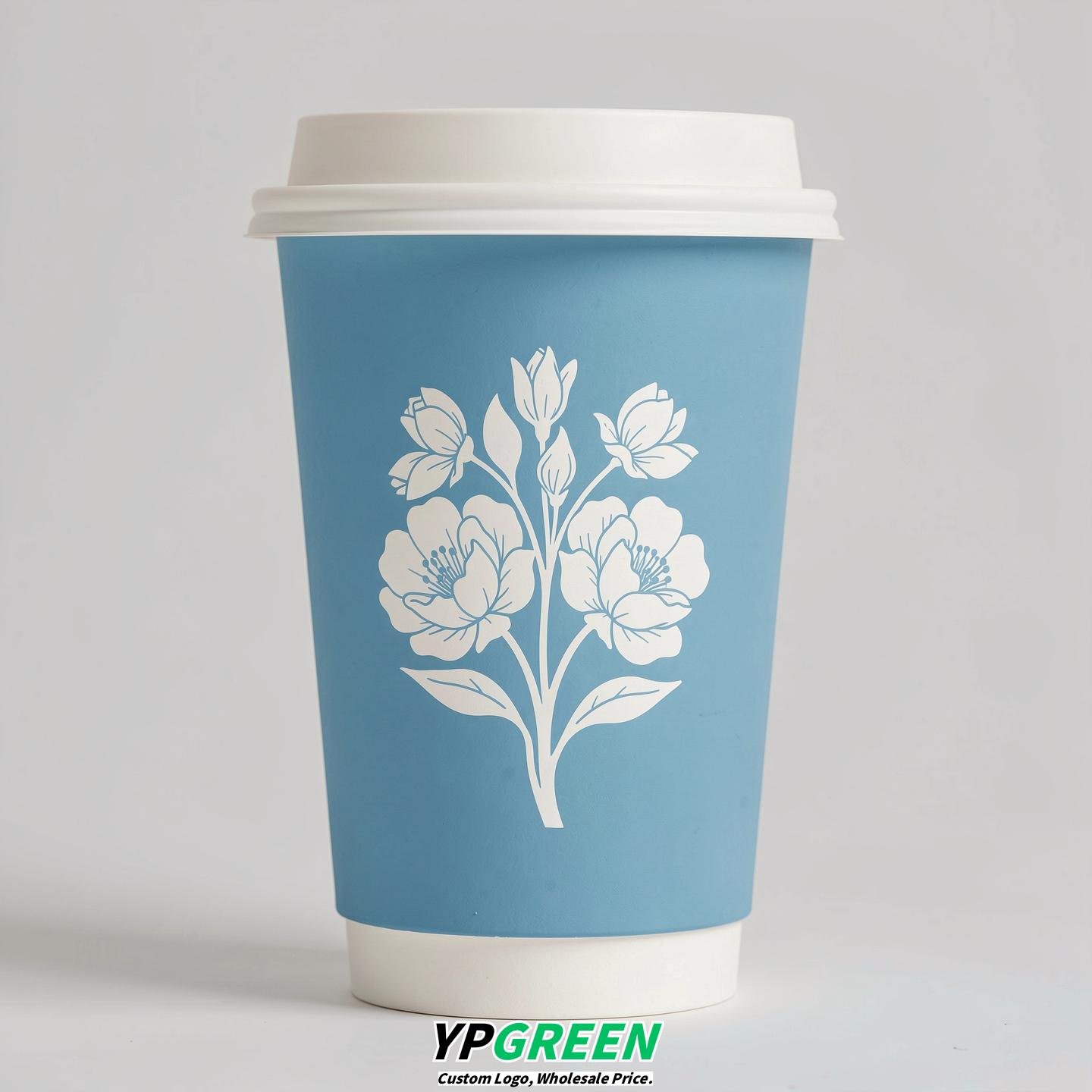 Robin Egg Blue Floral Paper Cups with Lids 8-24oz