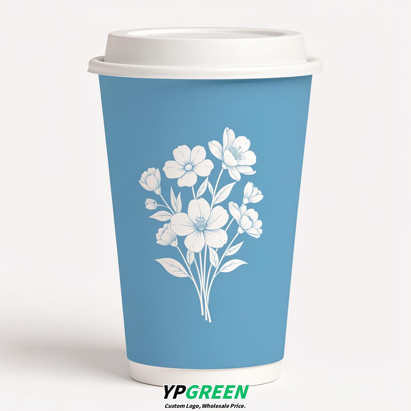 Robin Egg Blue Floral Paper Cups with Lids 8-24oz
