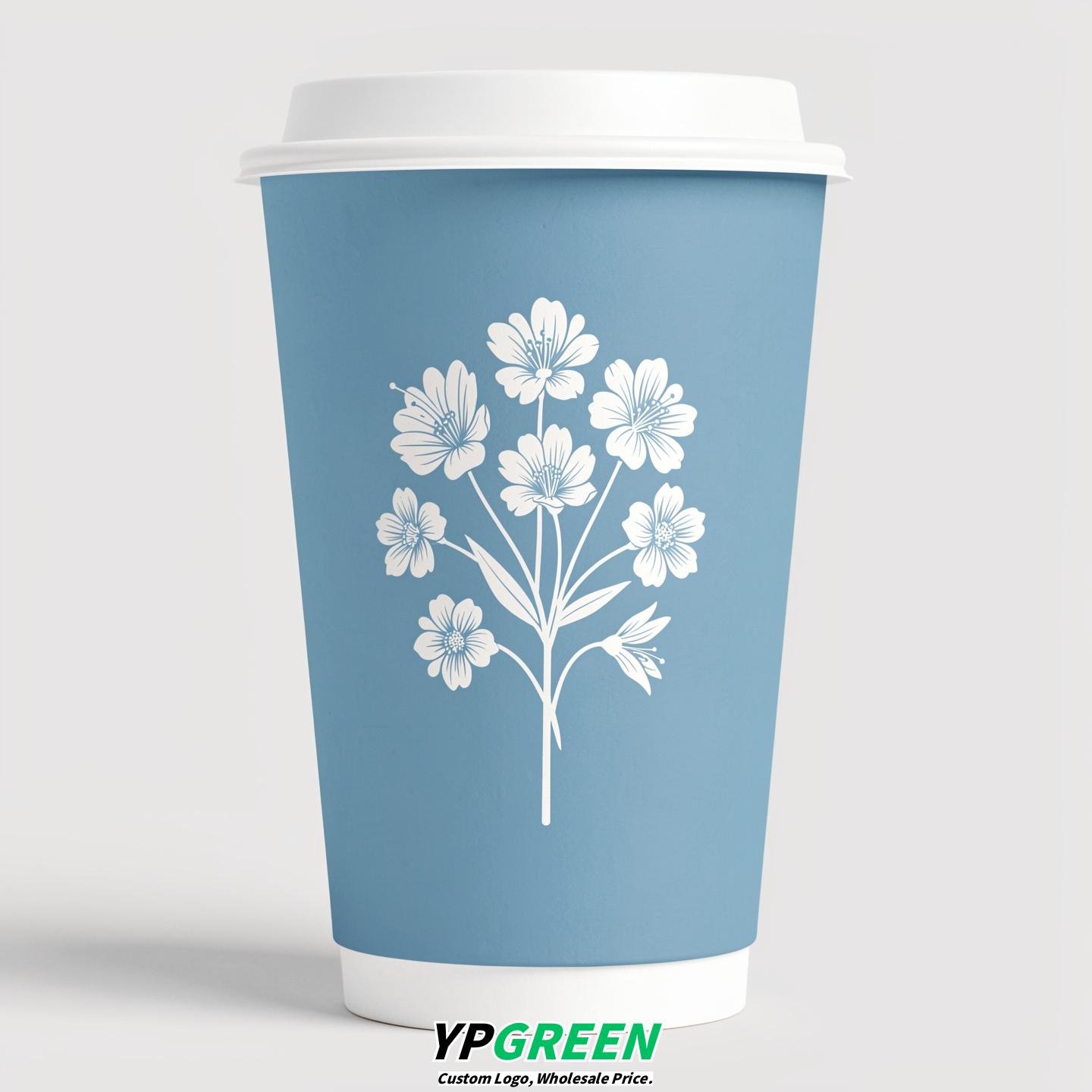 Robin Egg Blue Floral Paper Cups with Lids 8-24oz